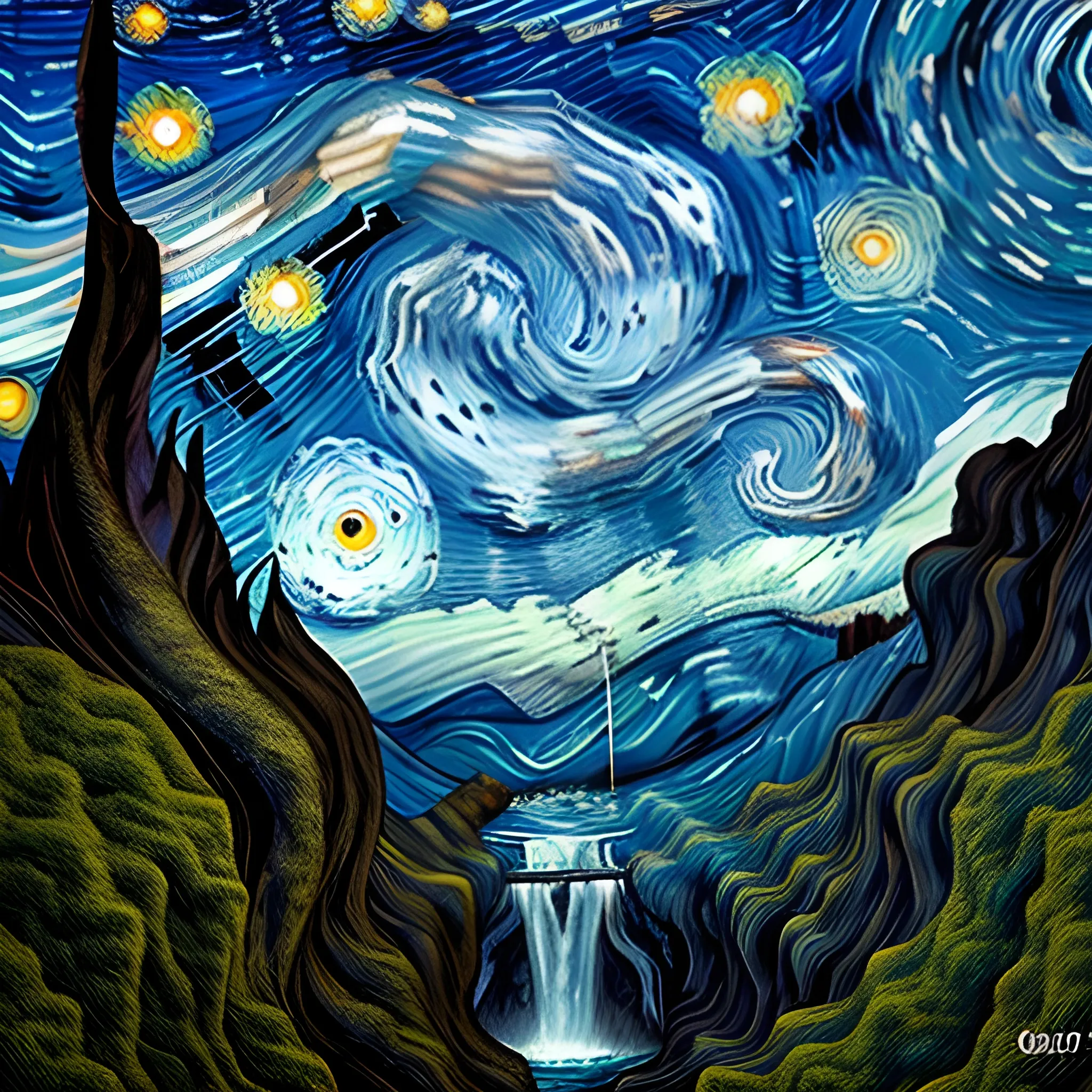 face sculpted in an immense mountain of limestone rock and waterfalls gushing from these 2 eyes towards a lake in the foreground, a starry night sky with spinning stars in the background