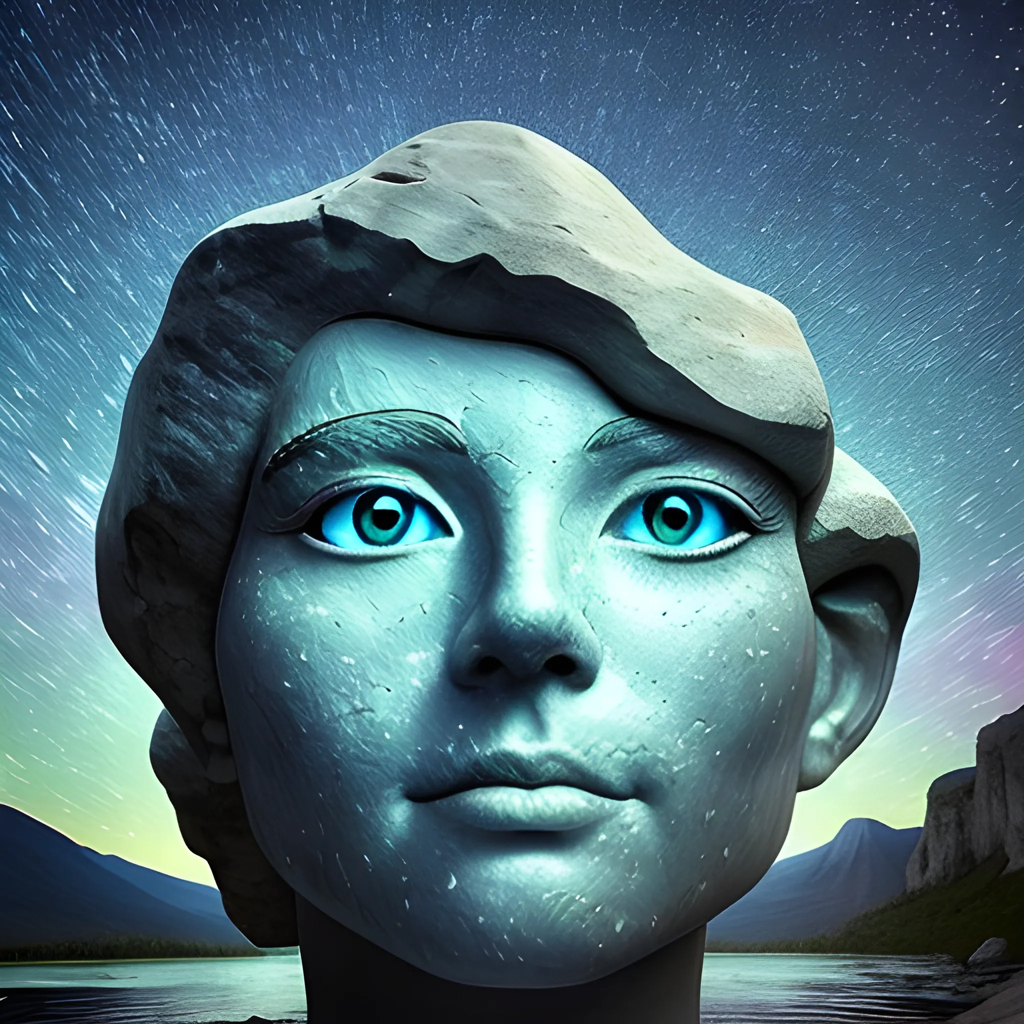 face sculpted in an immense mountain of limestone rock and waterfalls gushing from these 2 eyes towards a lake in the foreground, a starry night sky with spinning stars in the background, Trippy