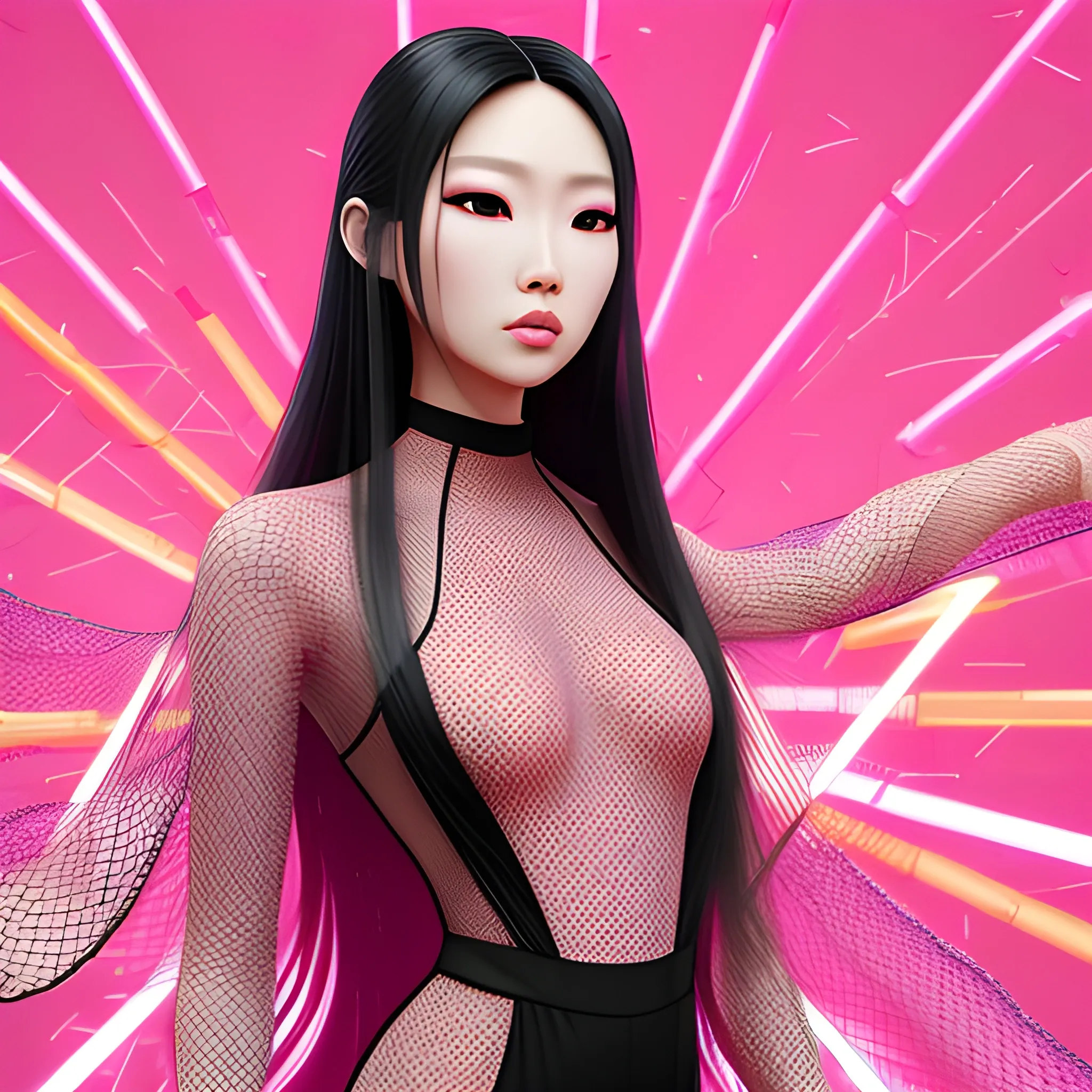 beautiful tall asian with long hair wearing mesh jumpsuit, pink starburst background, realistic, 8k