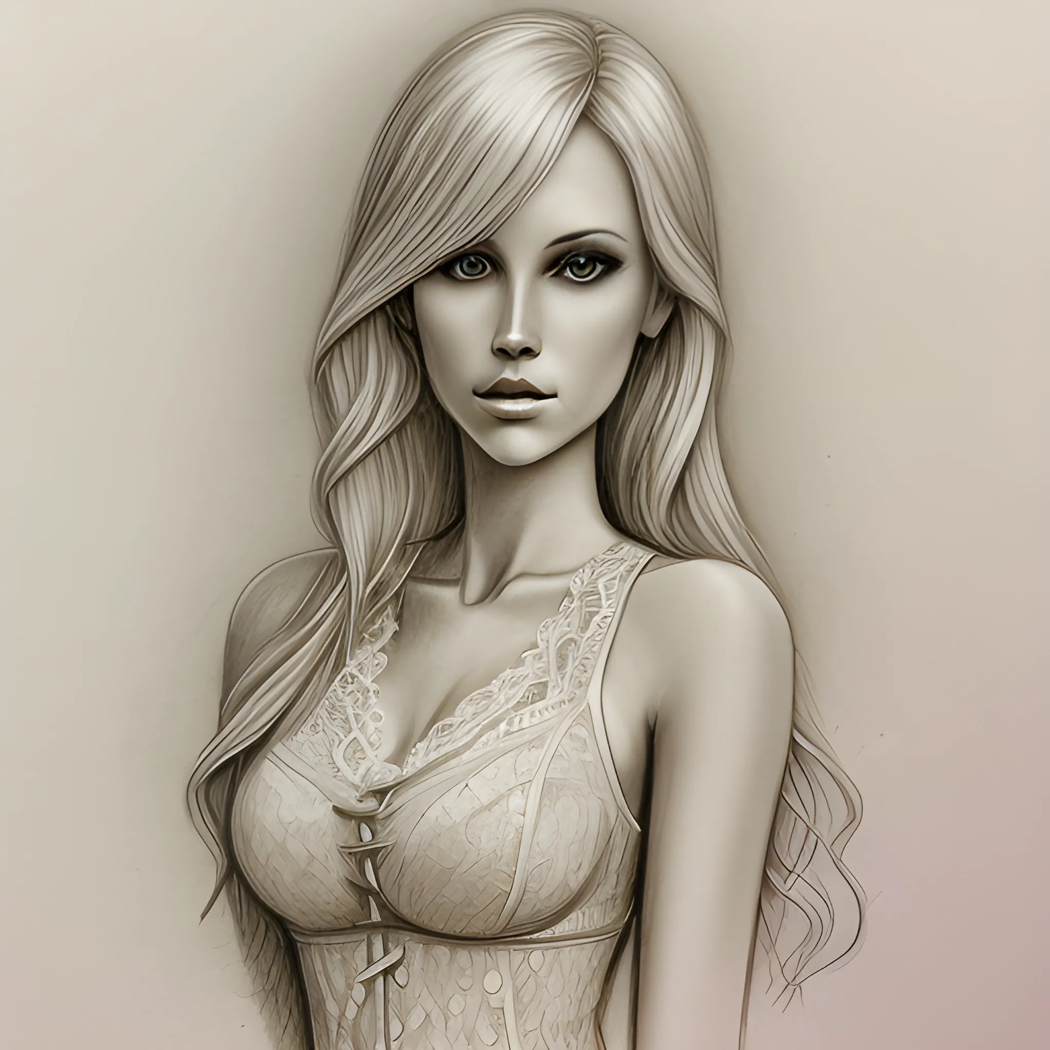 tall blonde female in lace, Pencil Sketch