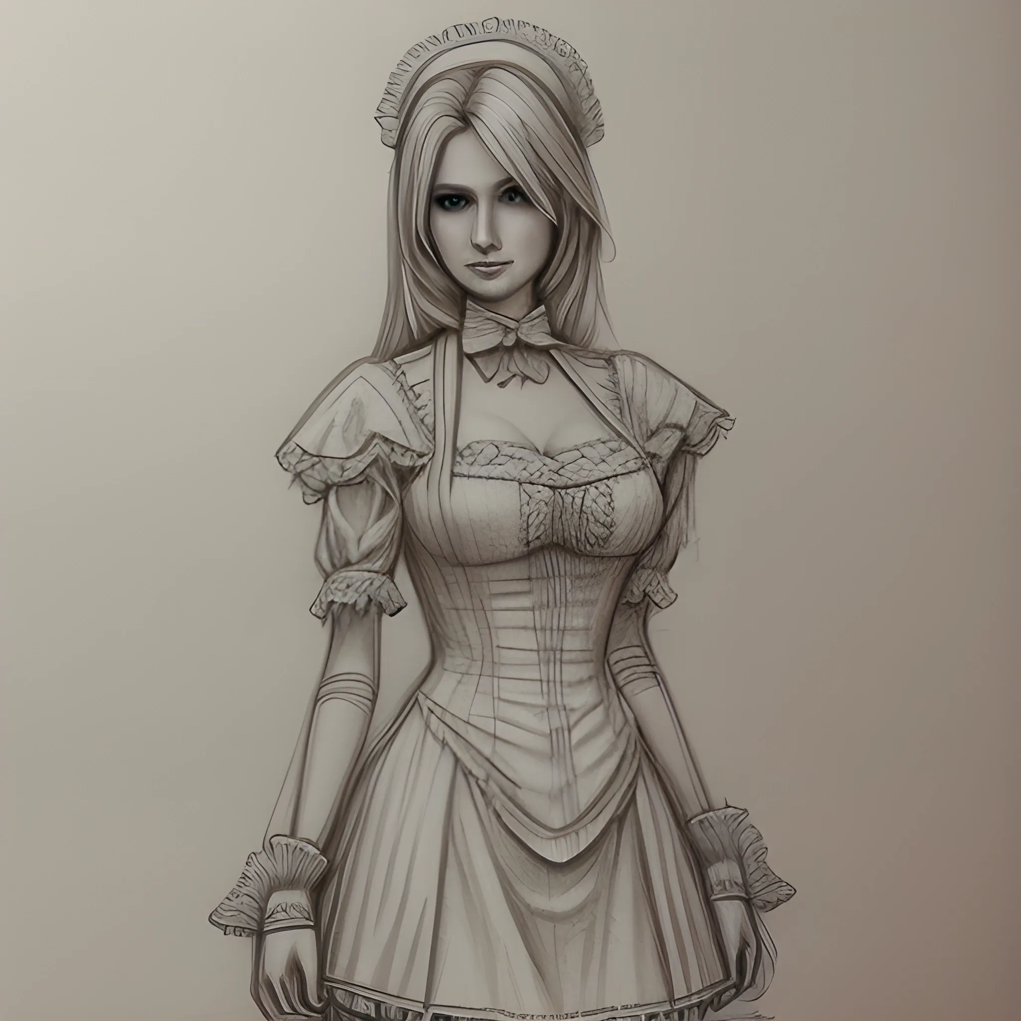 tall blonde female maid in lace, Pencil Sketch