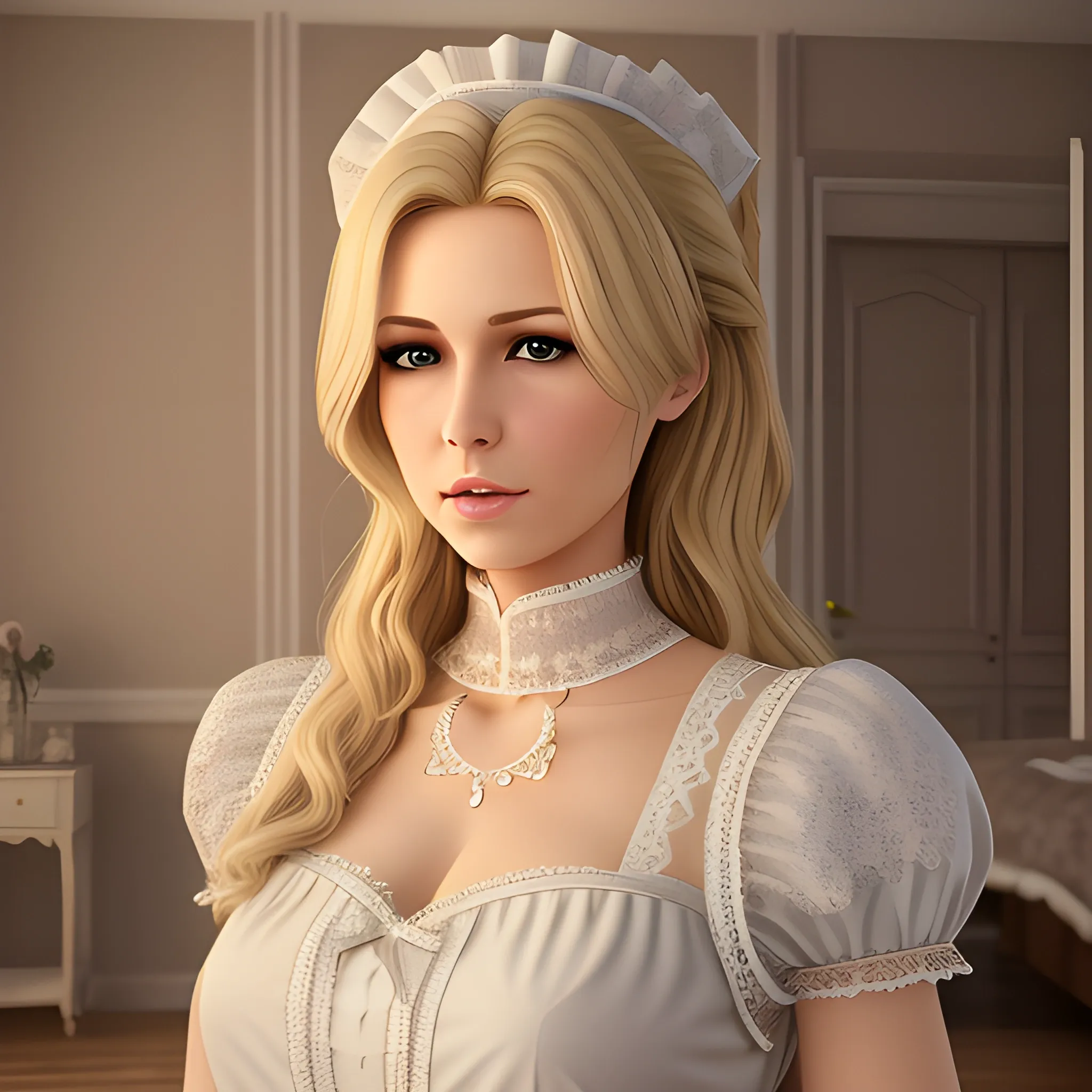 tall blonde female maid in lace, realistic, 8k