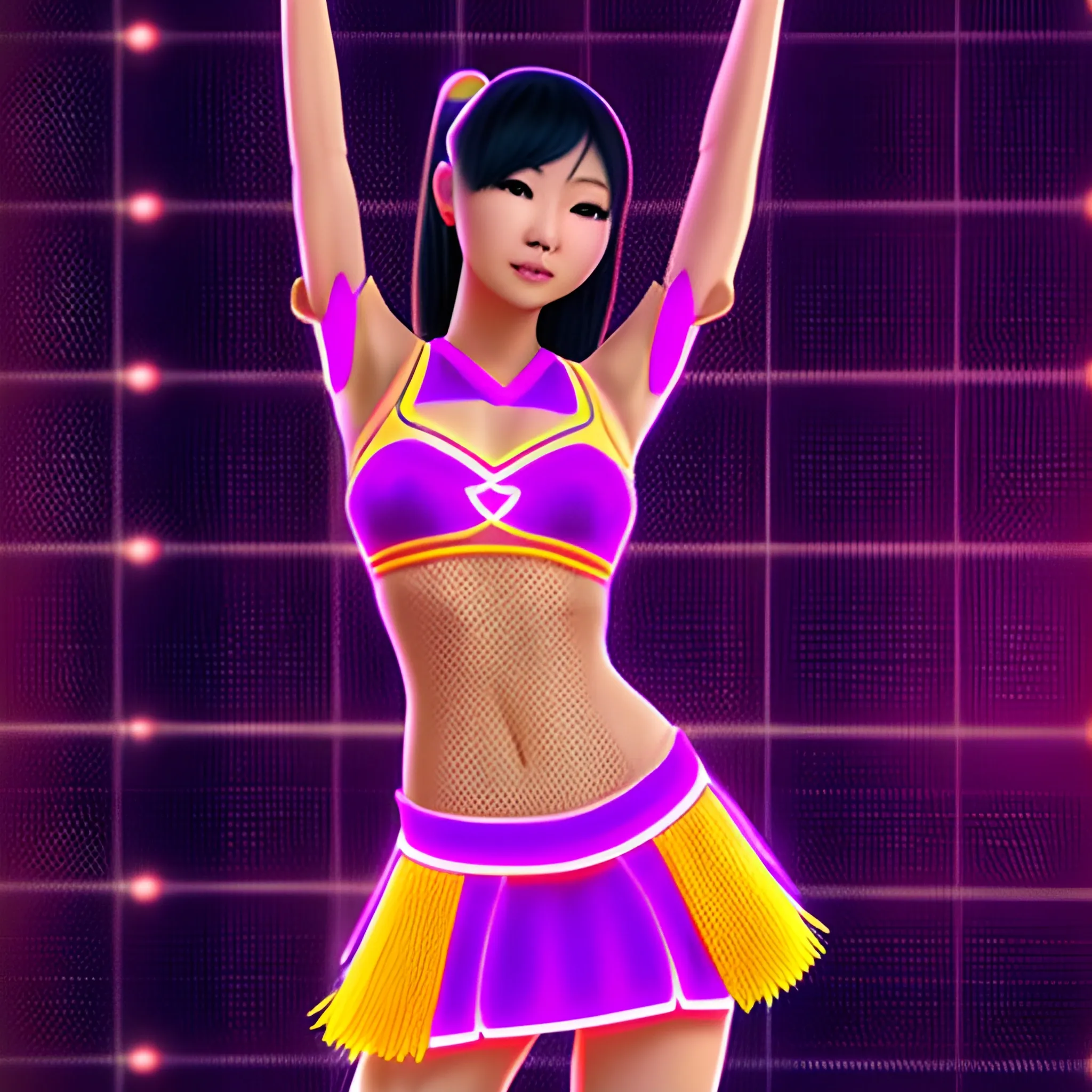 tall asian female cheerleader in mesh, realistic, 8k, neon background