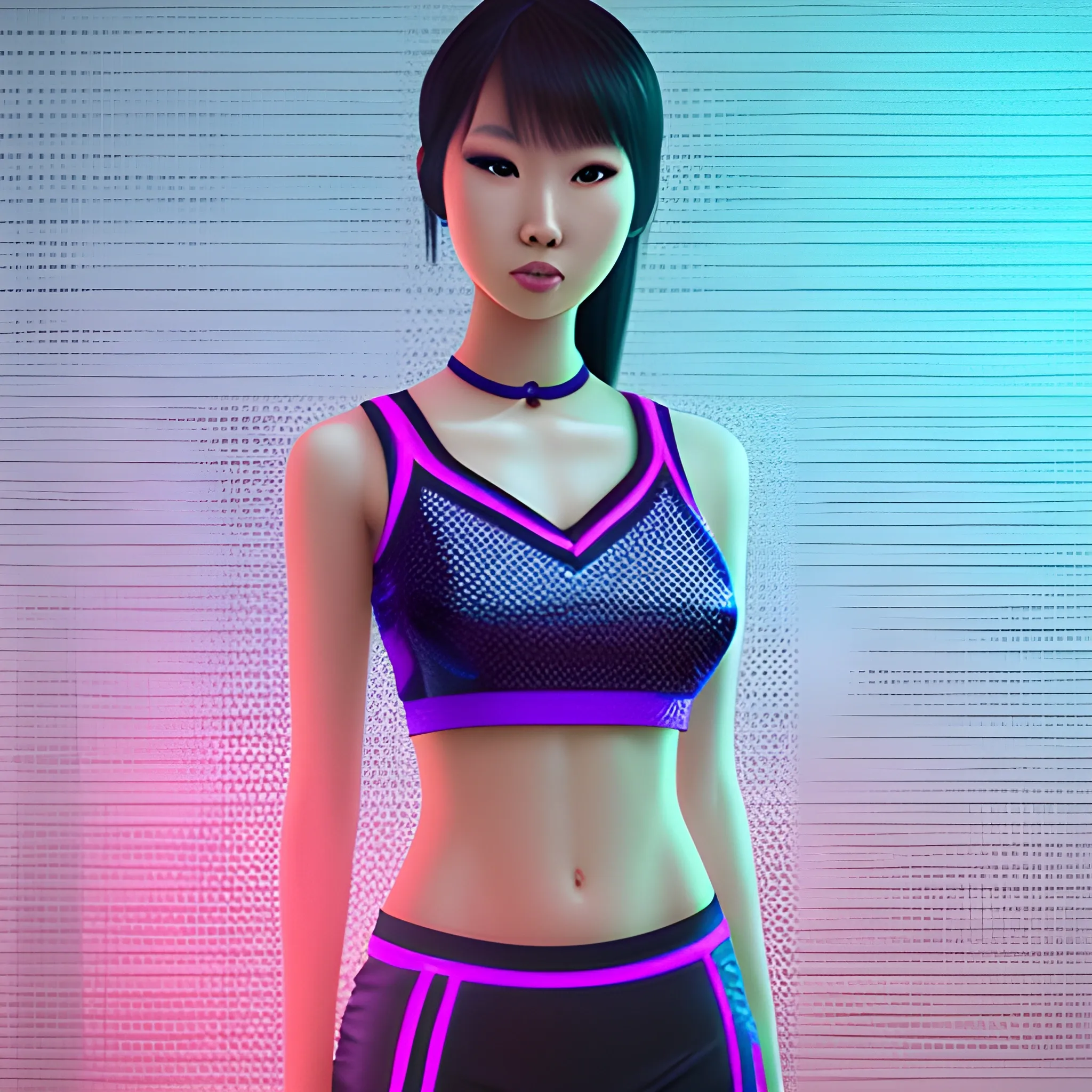 tall asian female cheerleader in mesh, realistic, 8k, neon background
