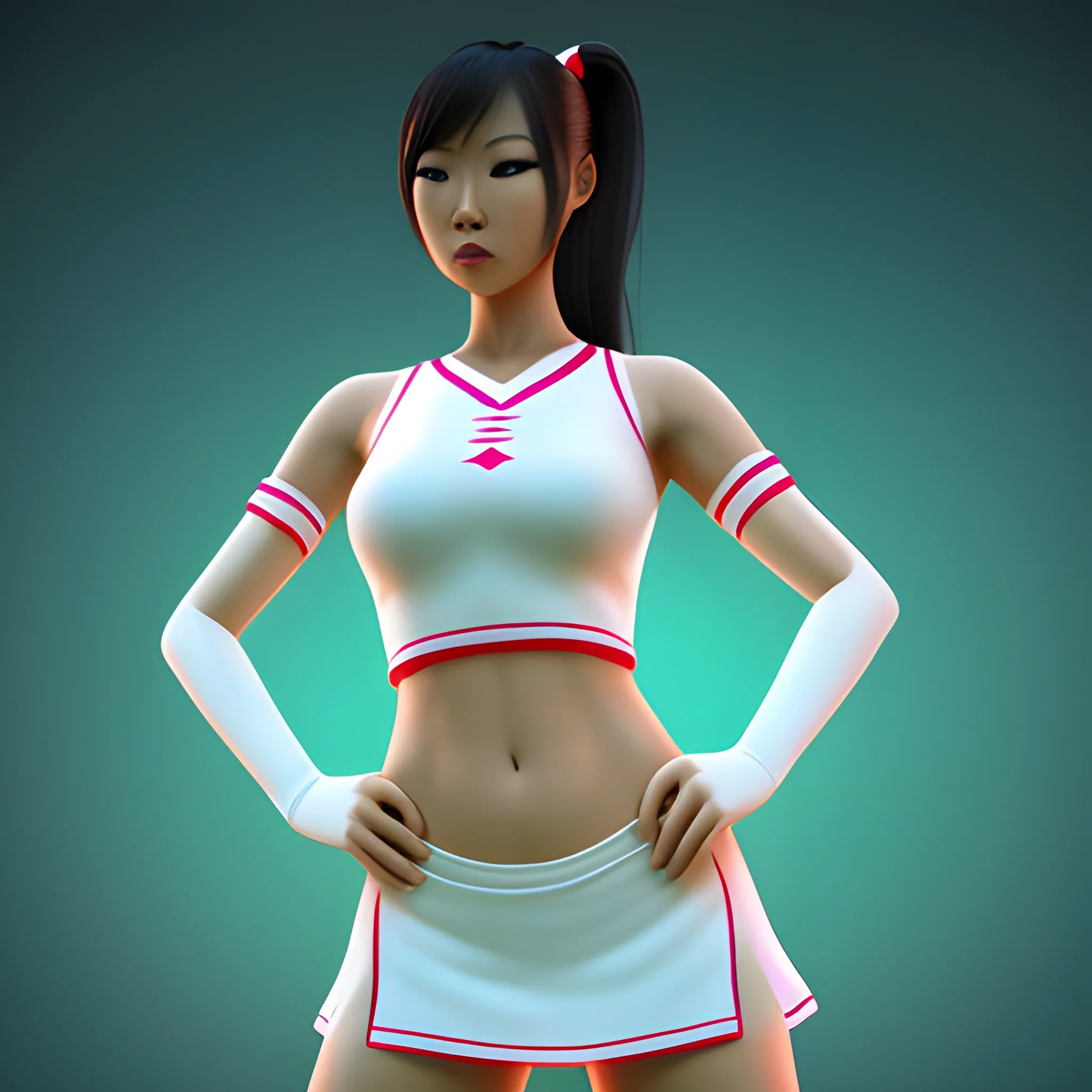 tall asian female cheerleader in white spandex, realistic, 8k, neon background