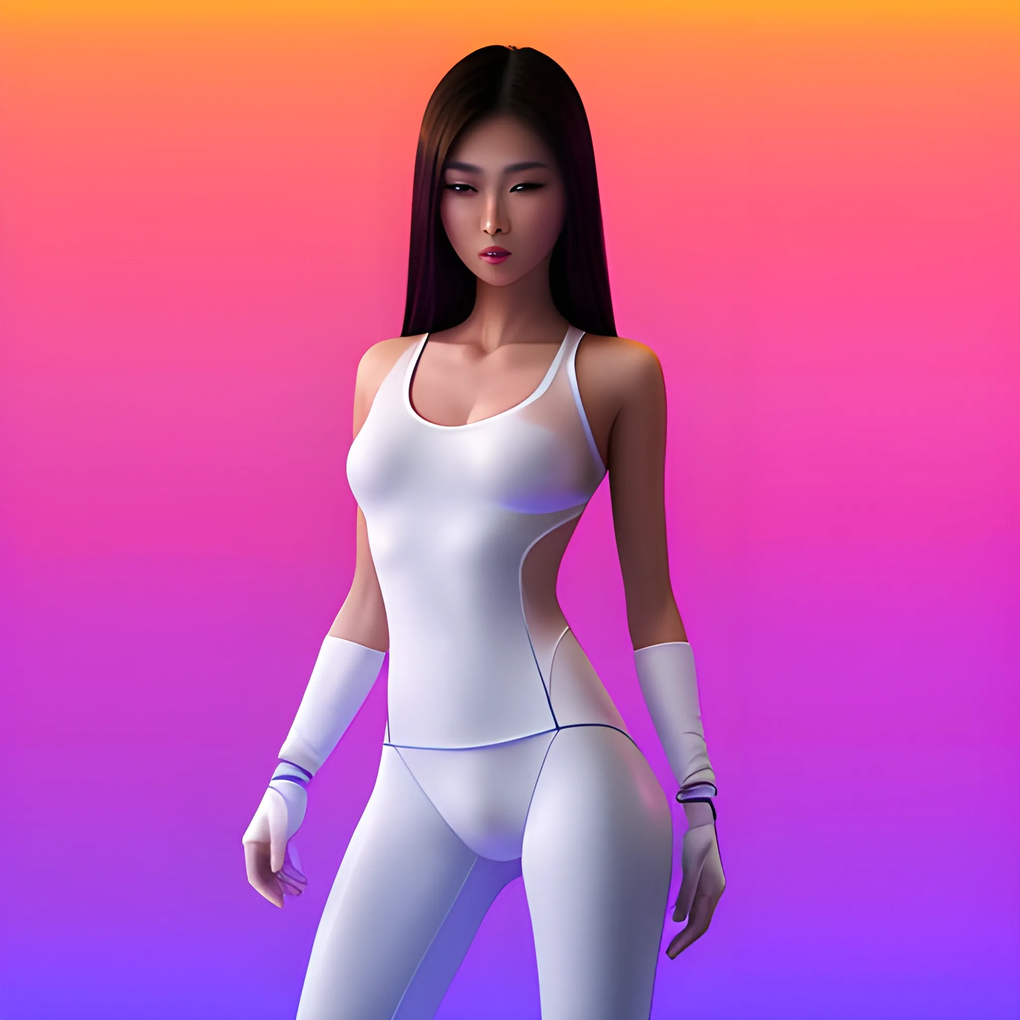 tall asian female model in white spandex, realistic, 8k, neon background
