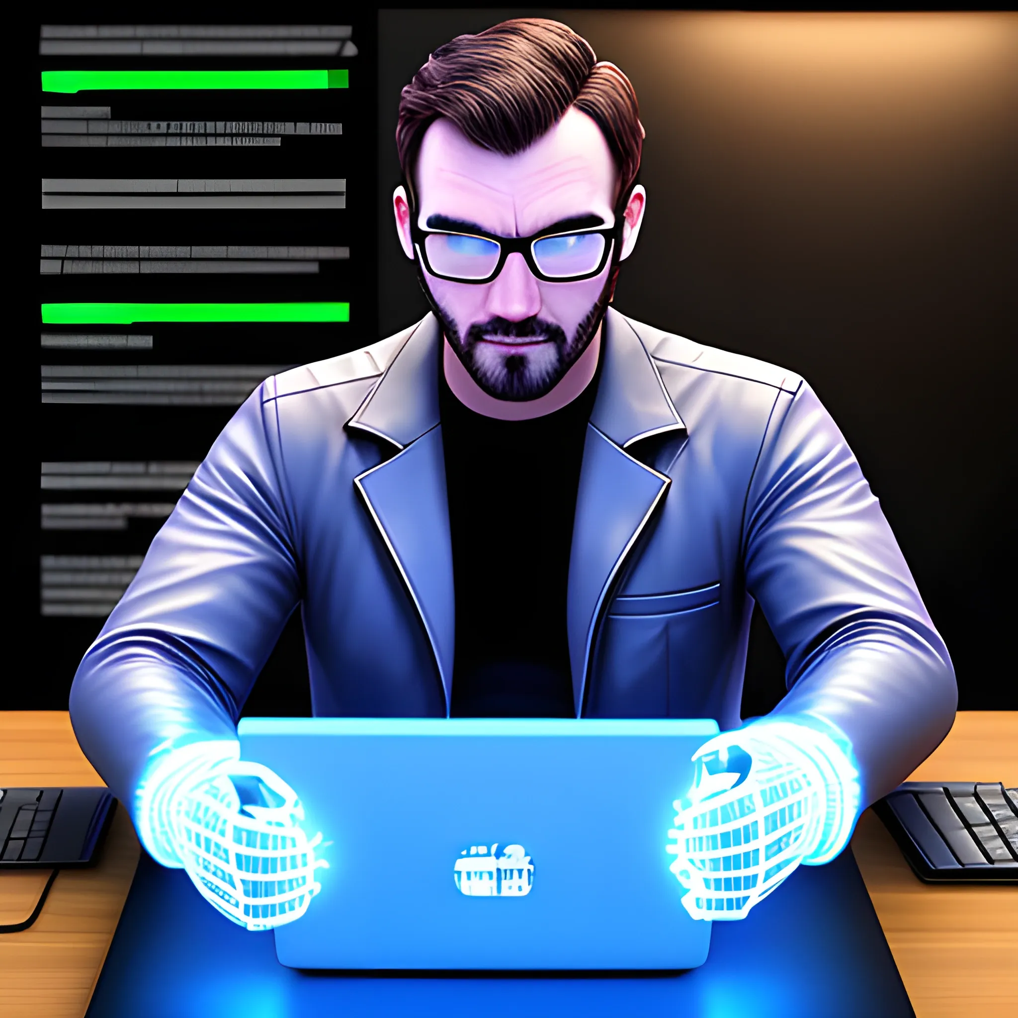 boy, programmer, laptop, coat, boy sitting programming, cat lights gamer, avatar, 3D