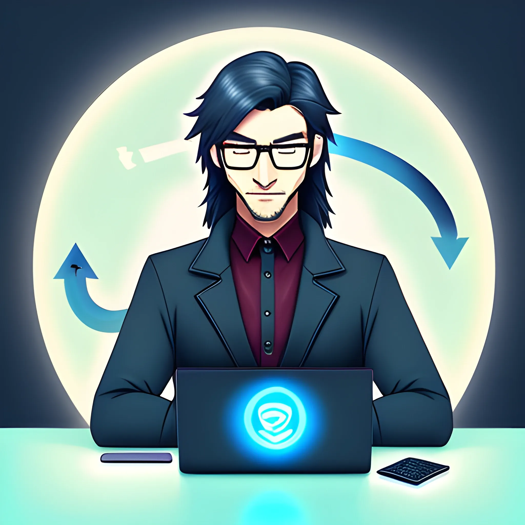 boy, programmer, laptop, coat, boy sitting programming, cat lights gamer, avatar, avatar twitter, good quality, laptop showing code, boy with coat, long hairstyle, no glasses, Trippy