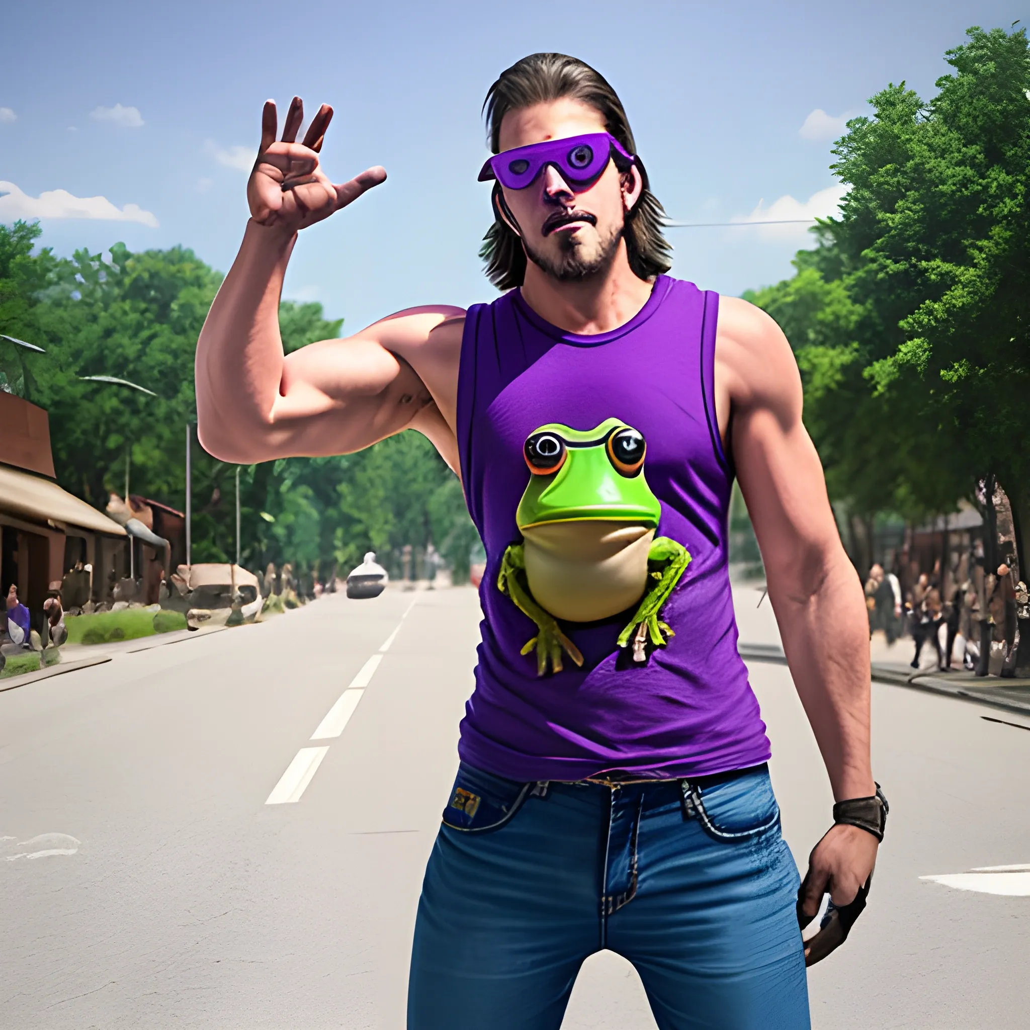 man with frog head wearing blocker sunglasses, torn sleeveless purple shirt, jeans pants, and boots in a t pose that's in live action, real.