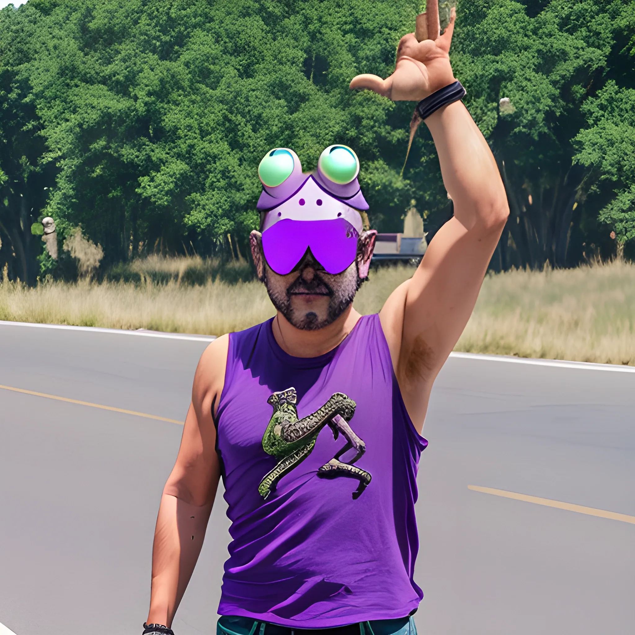 man with frog head for a head wearing blocker sunglasses, torn sleeveless purple shirt, jeans pants, and boots in a t pose that's in live action, real.