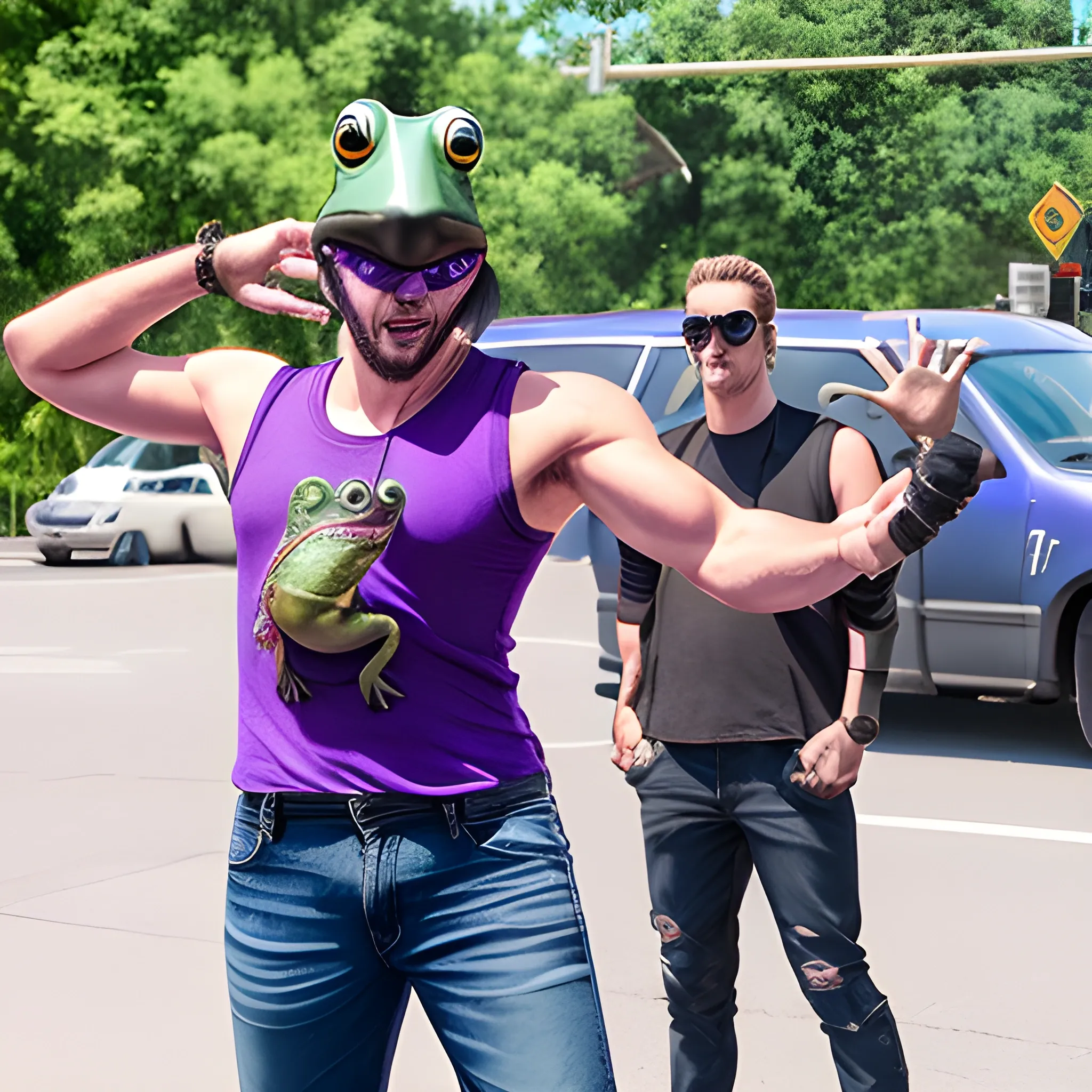 man with frog head for a head wearing blocker sunglasses, torn sleeveless purple shirt, jeans pants, and boots in a t pose that's in live action, real.