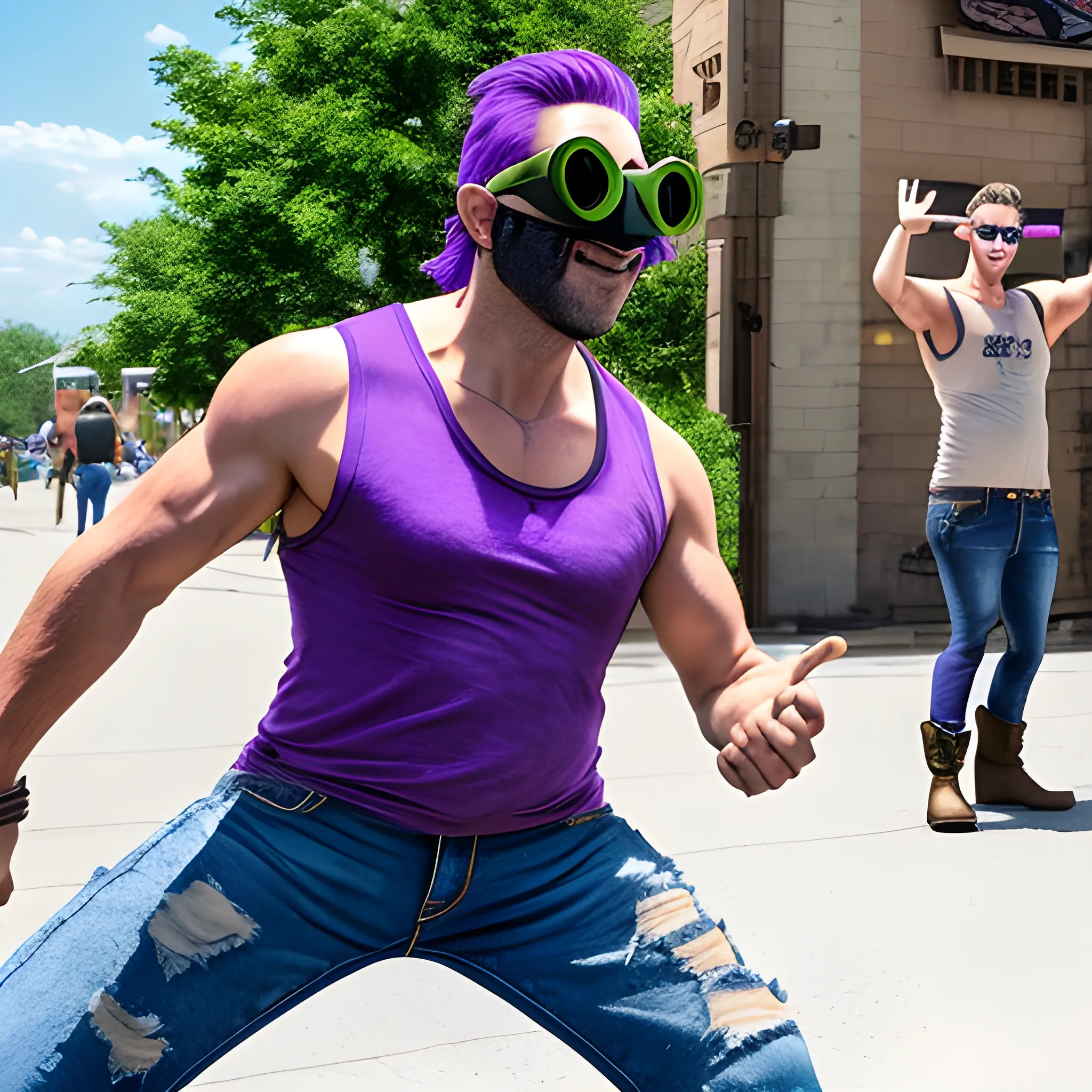 man with frog head for a head wearing blocker sunglasses, torn sleeveless purple shirt, jeans pants, and boots in a t pose that's in live action, real.