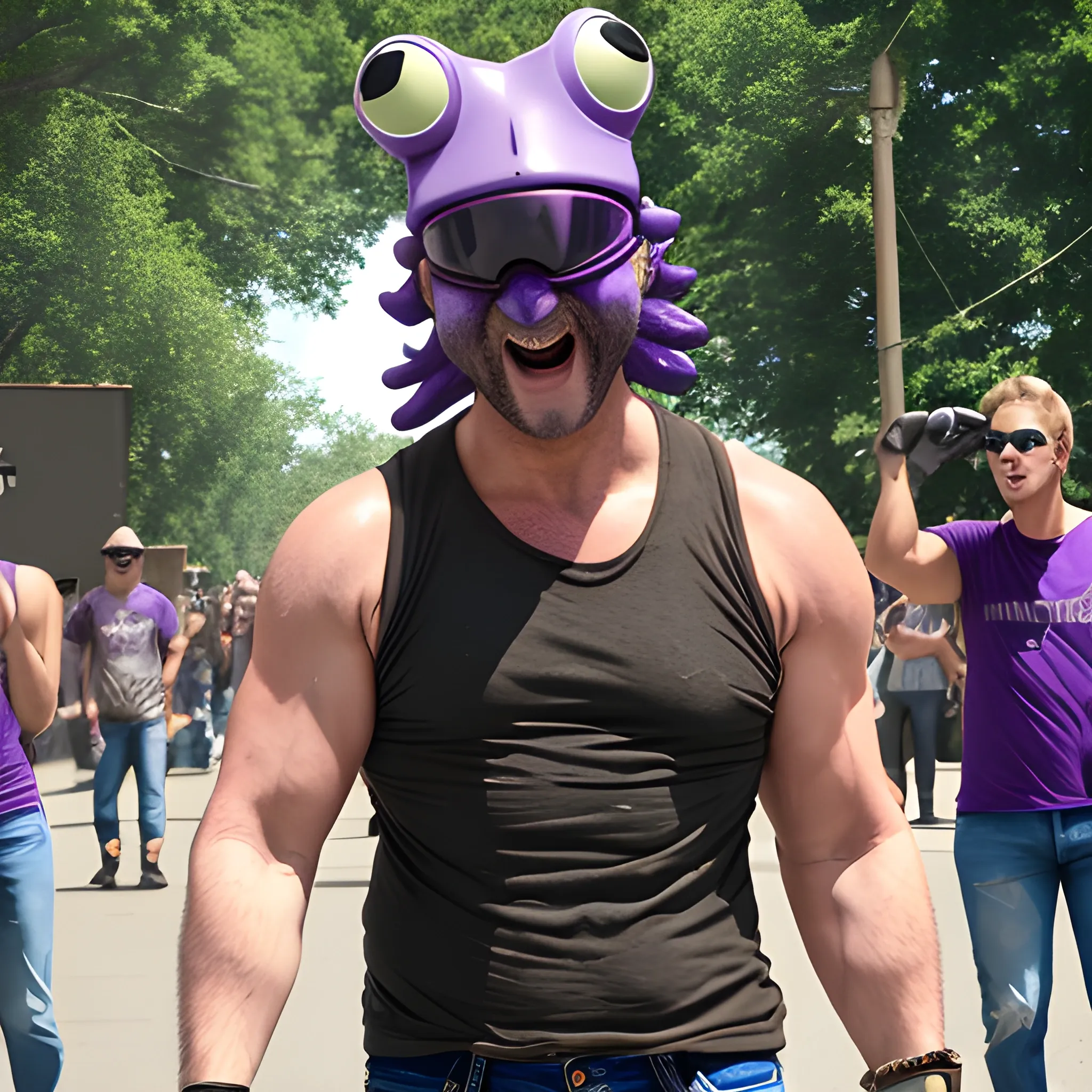 man with frog head for a head wearing blocker sunglasses, torn sleeveless purple shirt, jeans pants, and boots in a t-pose that's in live action, real.