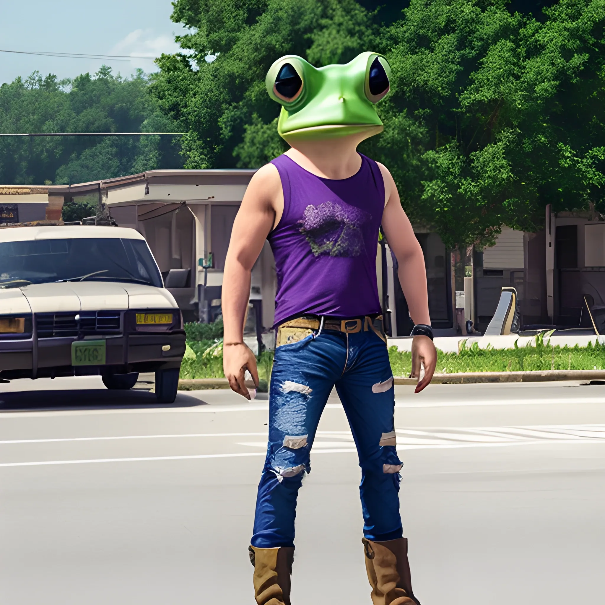 man with green frog head for a head wearing blocker sunglasses, torn sleeveless purple shirt, jeans pants, and boots in a t-pose that's in live action, real.