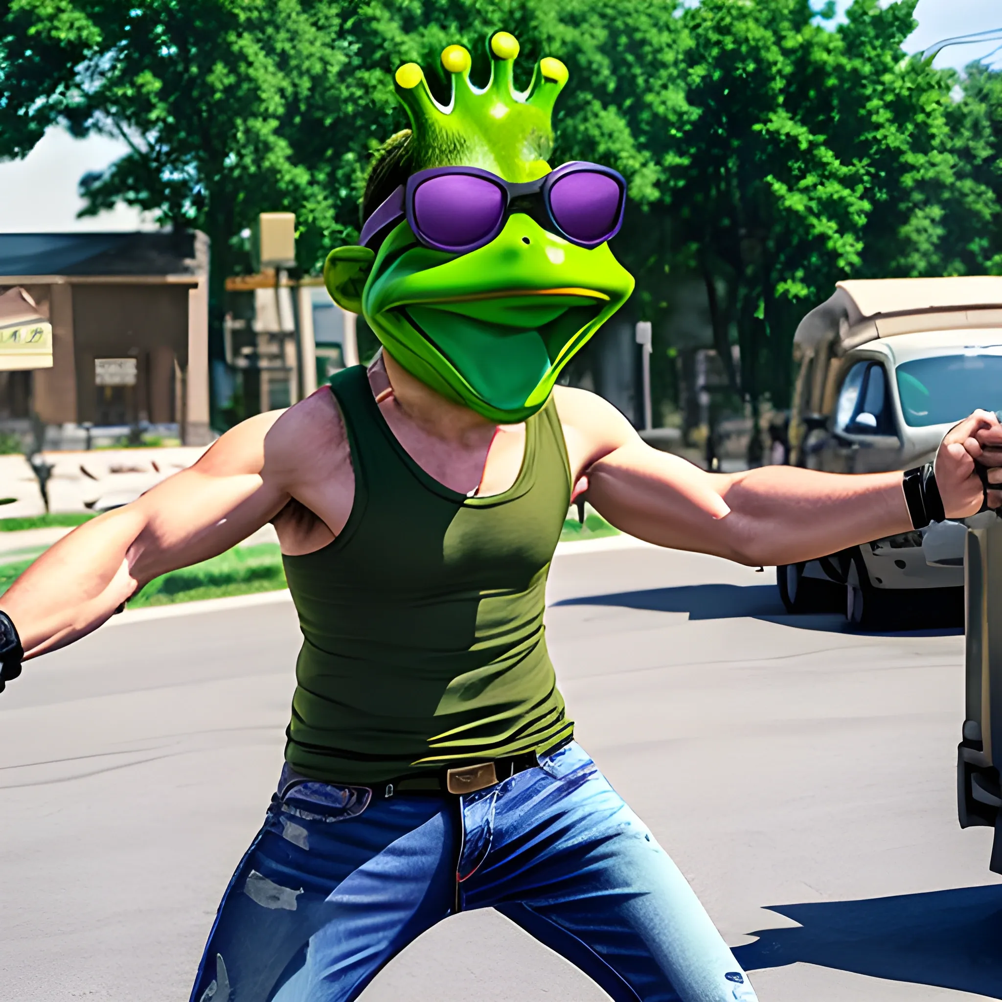 man with green frog head for a head wearing blocker sunglasses, torn sleeveless purple shirt, jeans pants, and boots in a t-pose that's in live action, real.