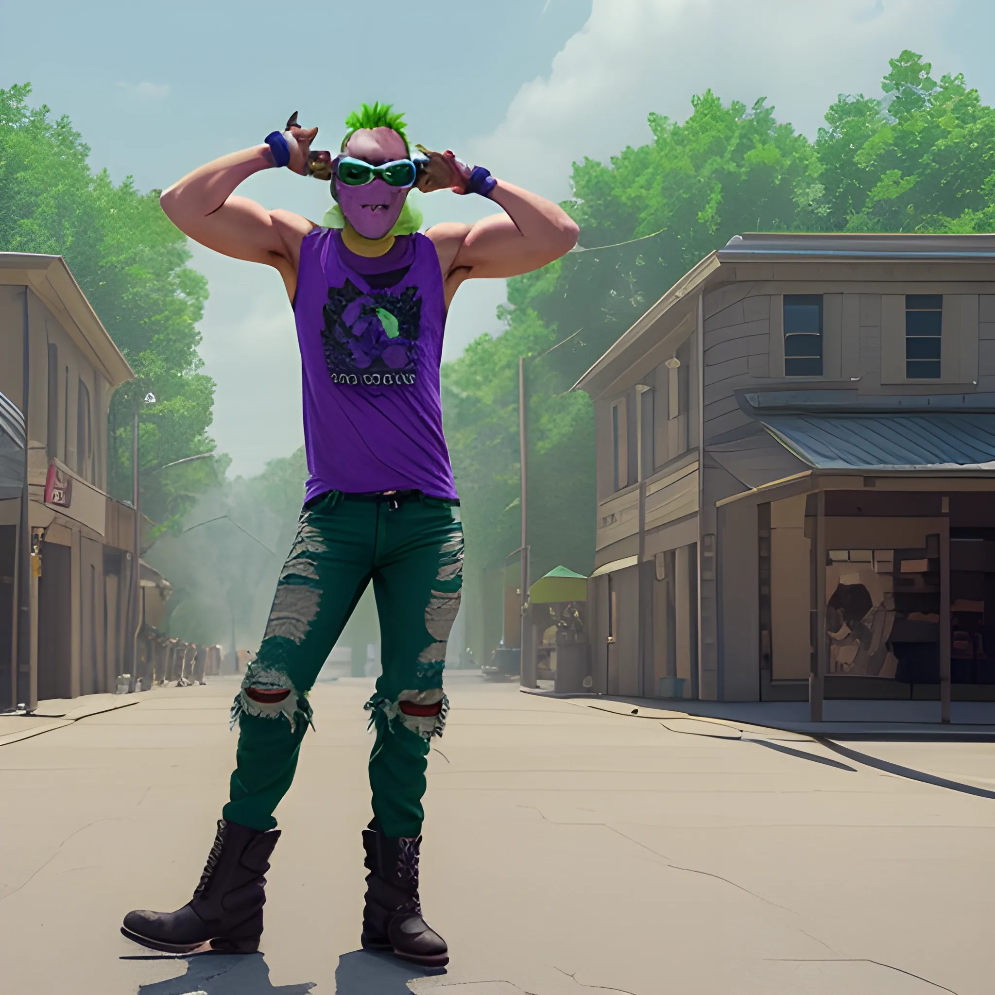 man with green frog head for a head wearing blocker sunglasses, torn sleeveless purple shirt, jeans pants, and boots in a t-pose that's in live action, real.