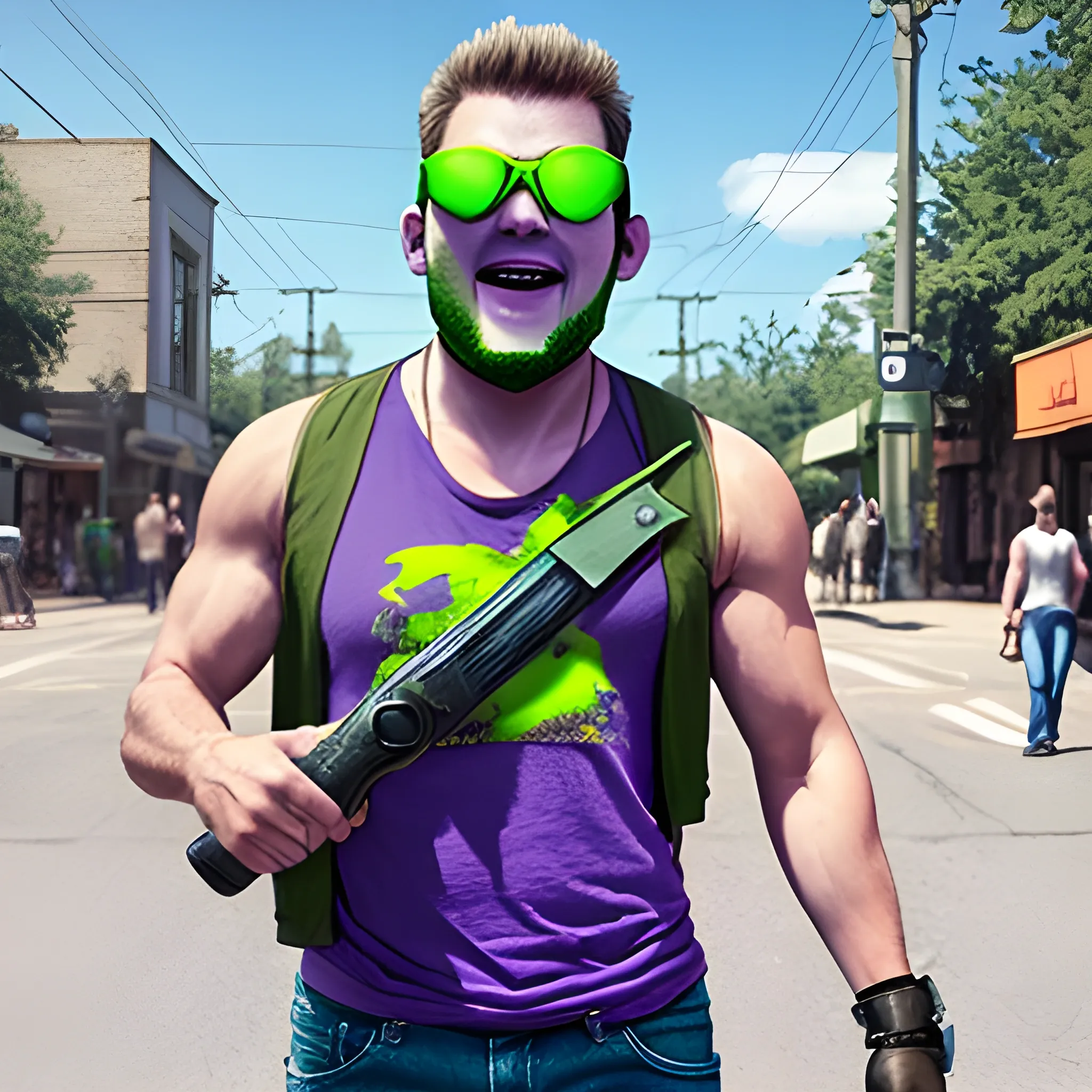 man with green frog head for a head wearing blocker sunglasses, torn sleeveless purple shirt, jeans pants, and boots in a t-pose that's in live action, real.