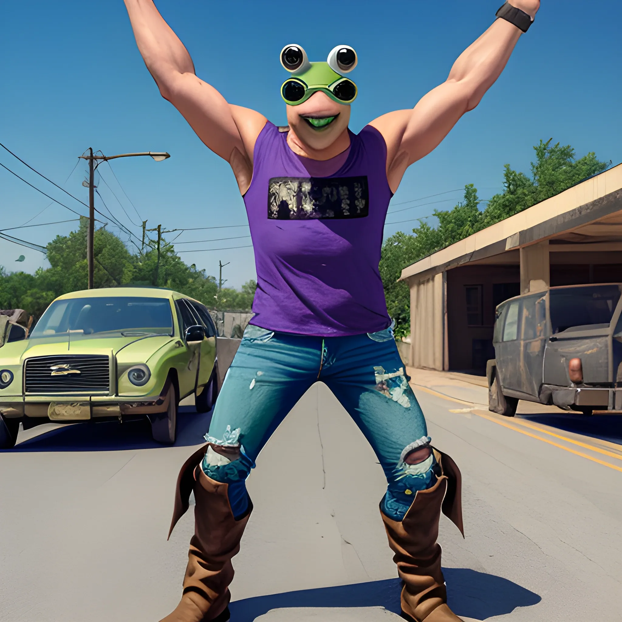 man with green frog head for a head wearing blocker sunglasses, torn sleeveless purple shirt, jeans pants, and boots in a t-pose that's in live action, real.