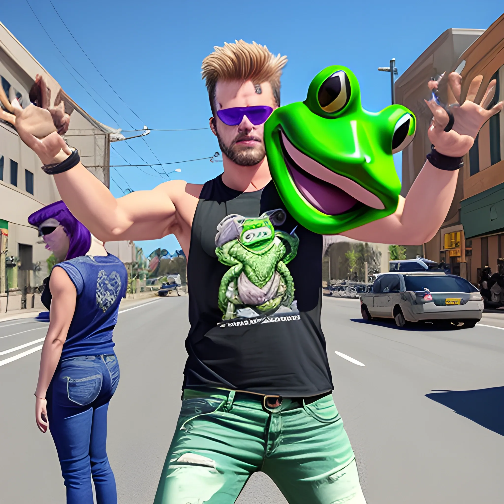 man with green frog head for a head wearing blocker sunglasses, torn sleeveless purple shirt, jeans pants, and boots in a t-pose that's in live action, real.