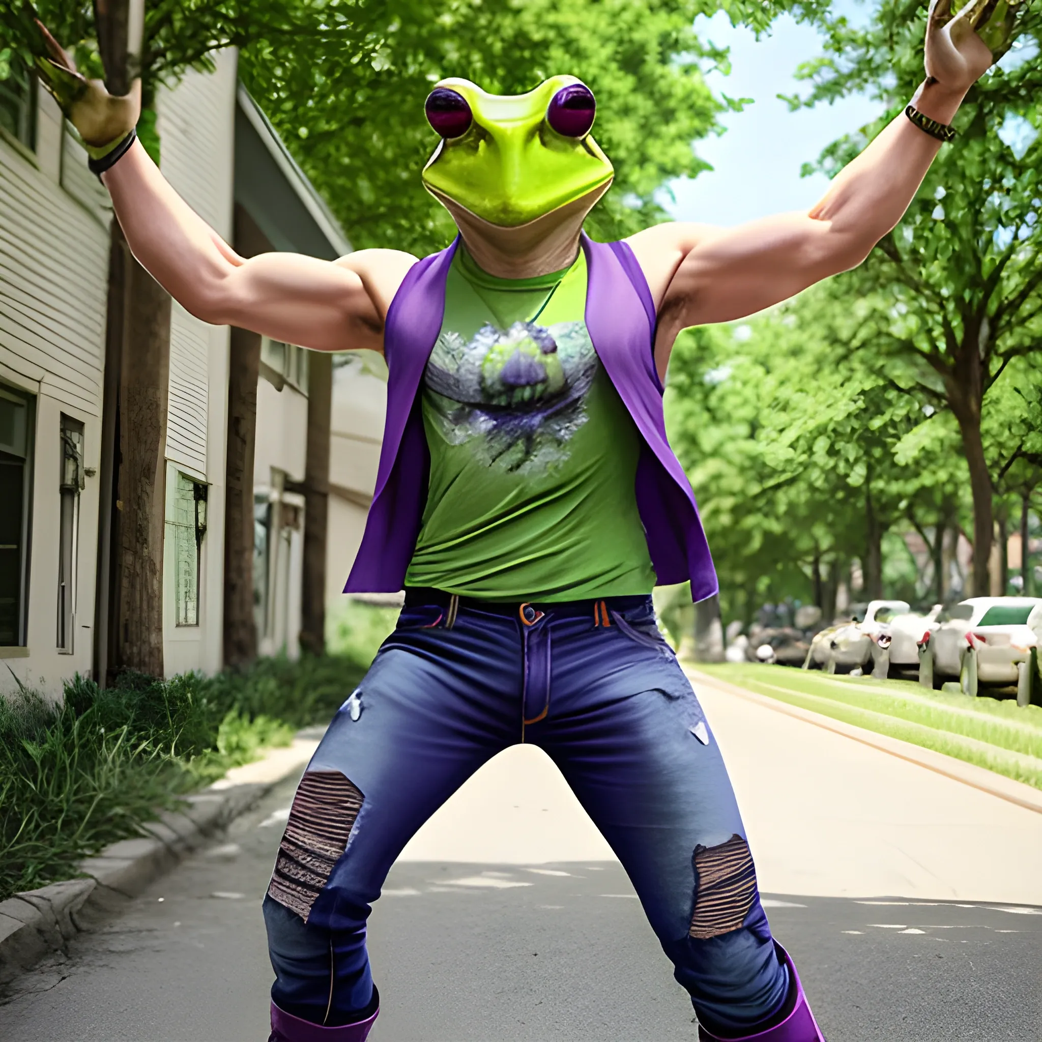 full body shot of a man with green tree frog head, wearing blocker sunglasses, torn sleeveless purple shirt, jeans pants, and boots in a t-pose that's in live action, real.