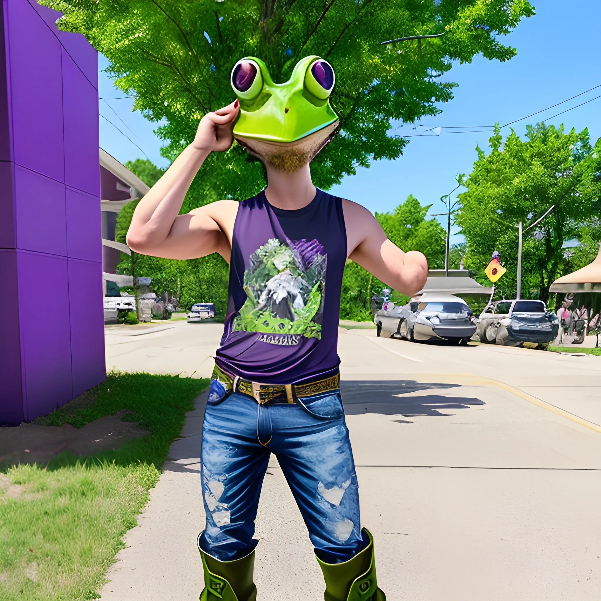 full body shot of a man with green tree frog head, wearing blocker sunglasses, torn sleeveless purple shirt, jeans pants, and boots in a t-pose that's in live action, real.