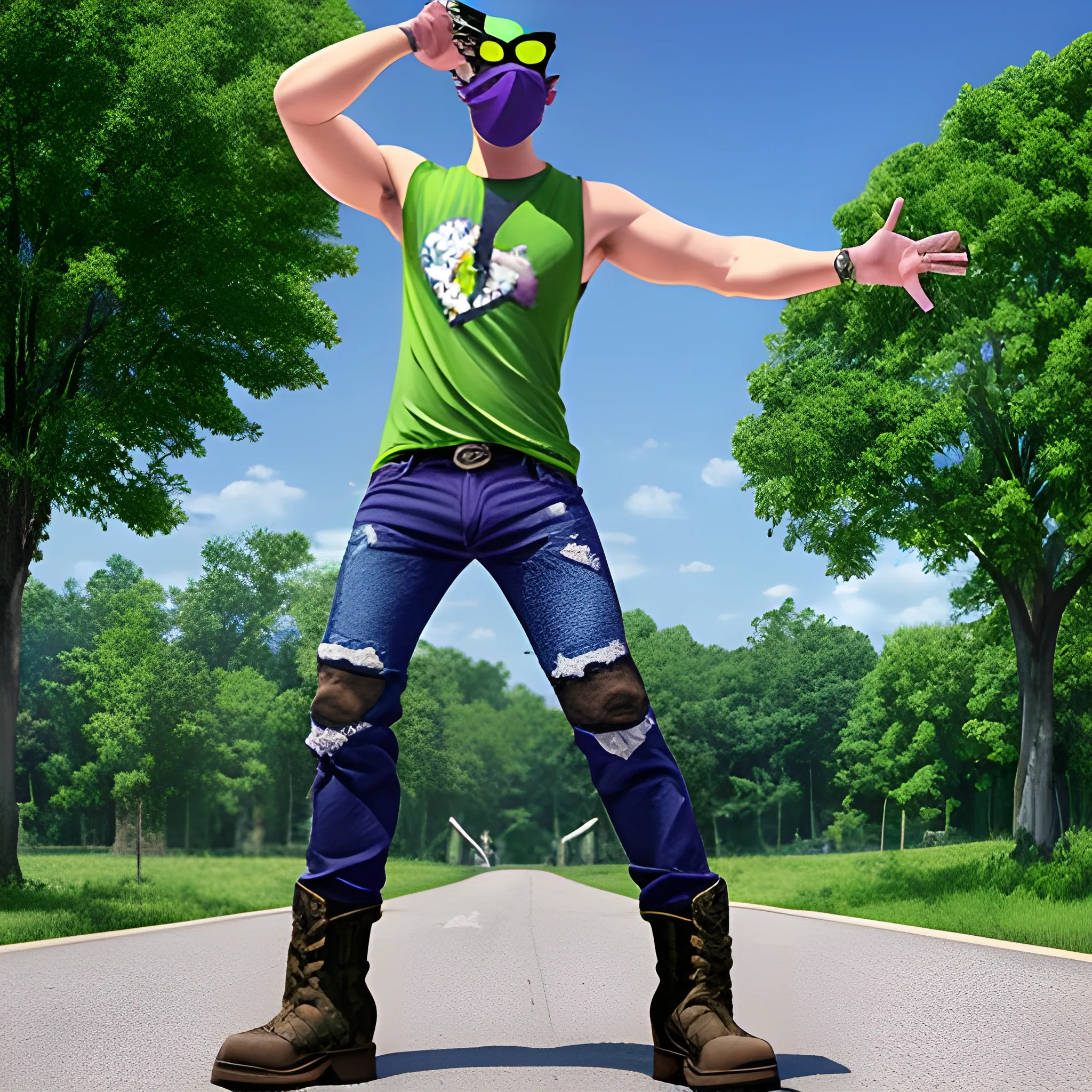 full body shot of a man with green tree frog head, wearing blocker sunglasses, torn sleeveless purple shirt, jeans pants, and boots in a t-pose that's in live action, real.