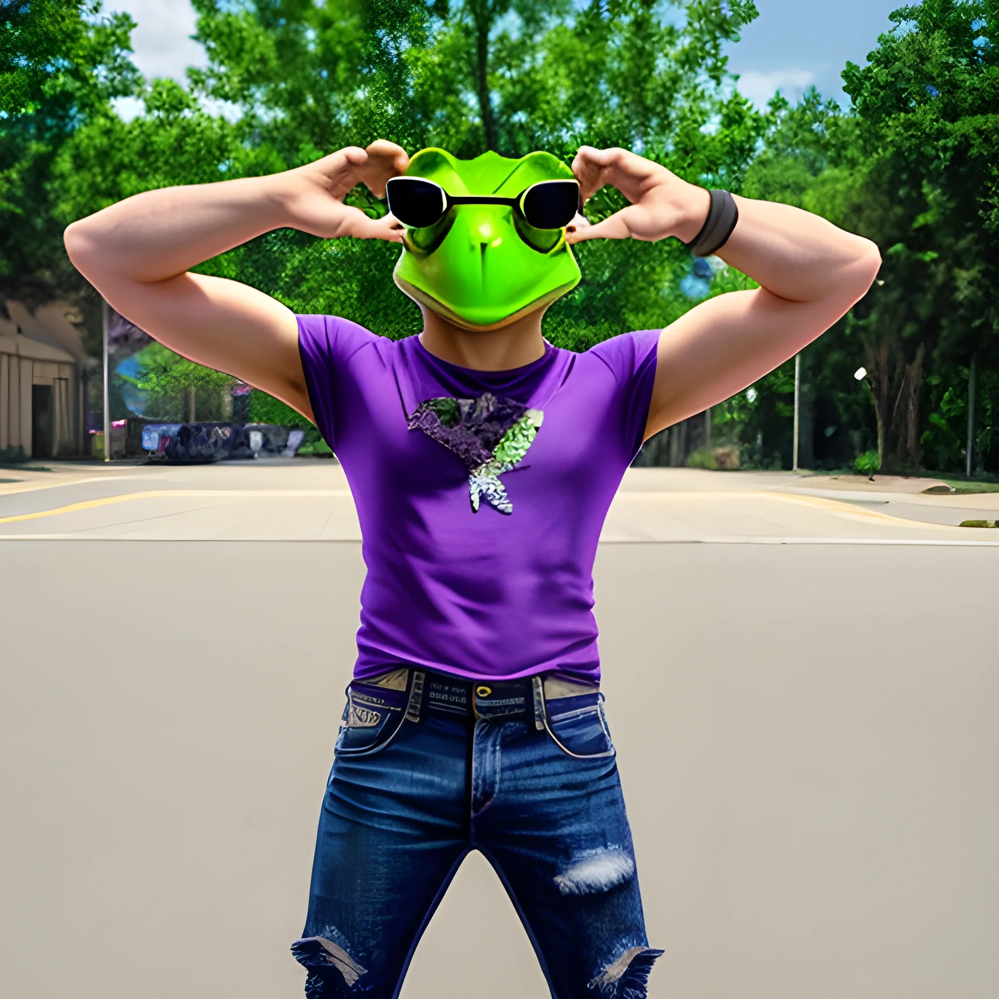 full body shot of a man with green tree frog head, wearing blocker sunglasses, torn sleeveless purple shirt, jeans pants, and boots in a t-pose that's in live action, real.