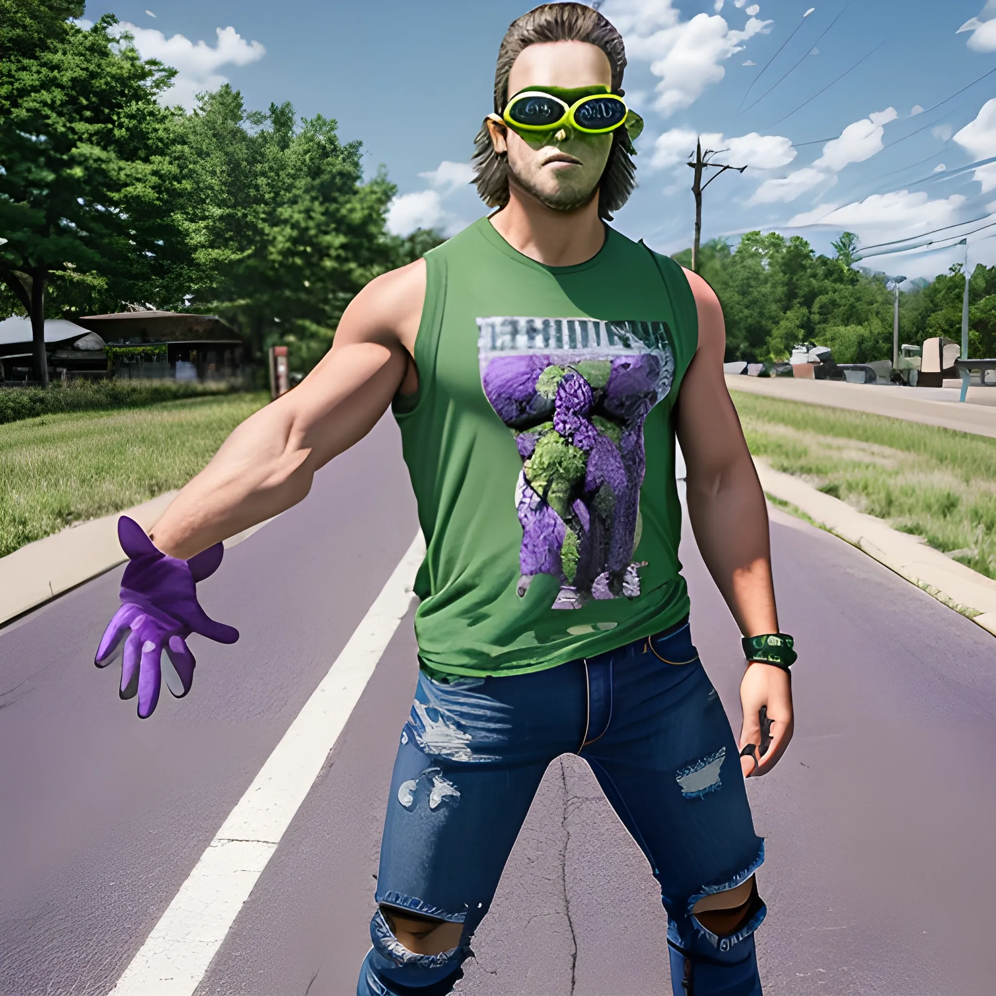 full body shot of a man with green tree frog head, wearing blocker sunglasses, torn sleeveless purple shirt, jeans pants, and boots in a t-pose that's in live action, real.