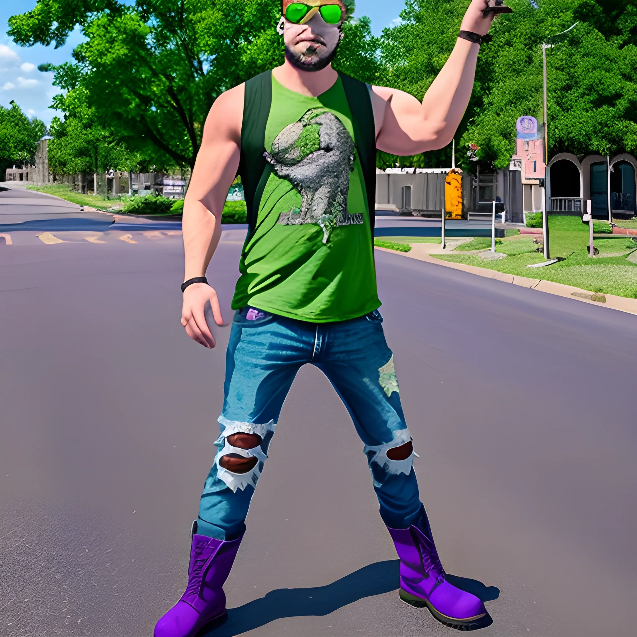 full body shot of a man with green tree frog head, wearing blocker sunglasses, torn sleeveless purple shirt, jeans pants, and boots in a t-pose that's in live action, real.