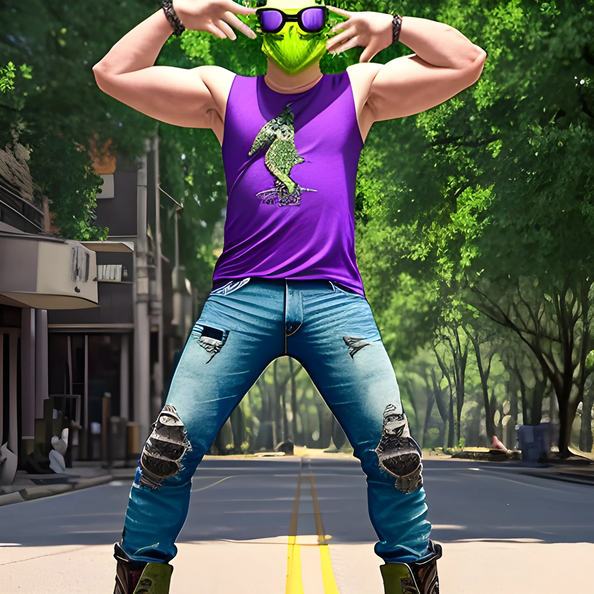 full body shot of a man with green tree frog head, wearing blocker sunglasses, torn sleeveless purple shirt, jeans pants, and boots in a t-pose that's in live action, real.