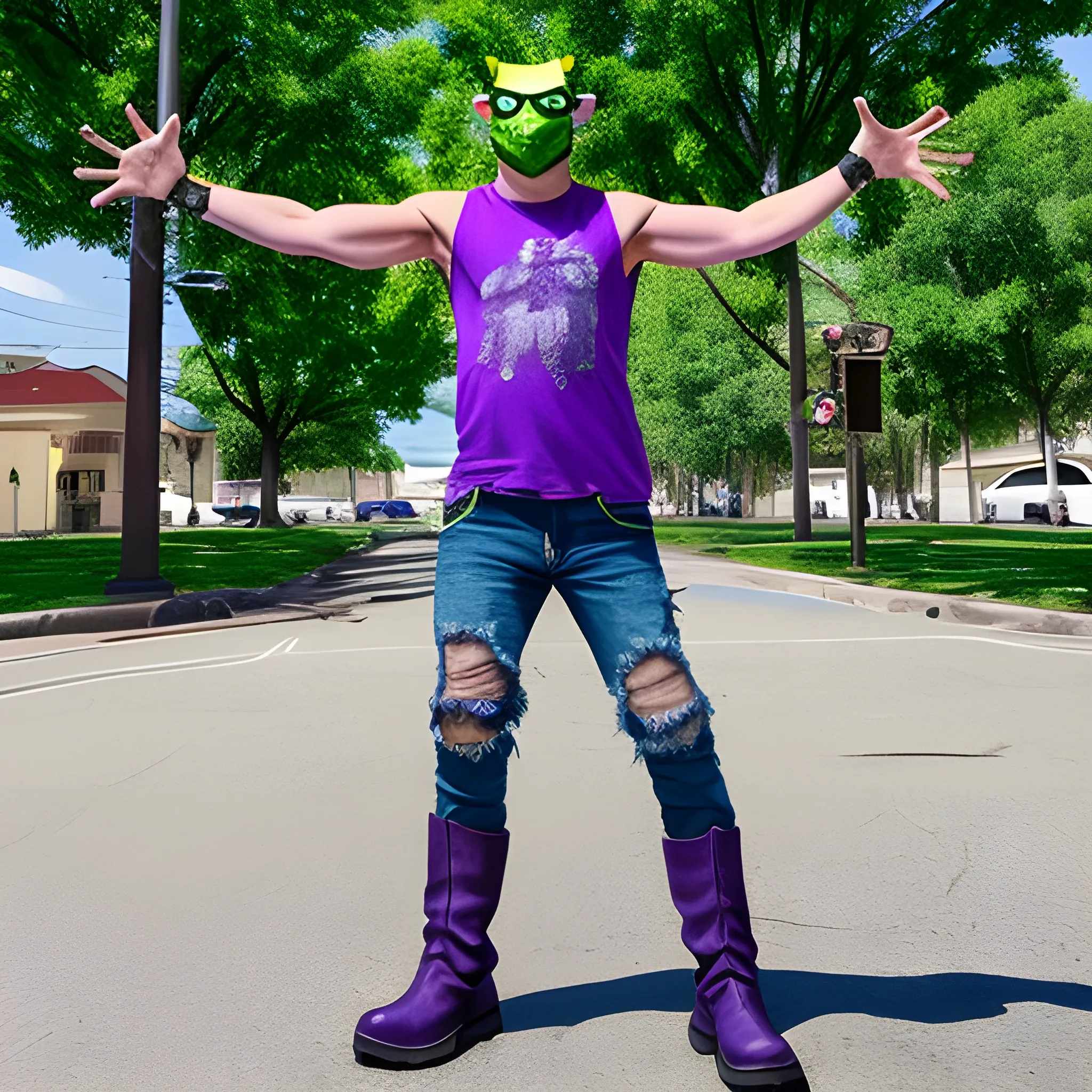 full body shot of a man with green tree frog head, wearing blocker sunglasses, torn sleeveless purple shirt, jeans pants, and boots in a t-pose that's in live action, real.