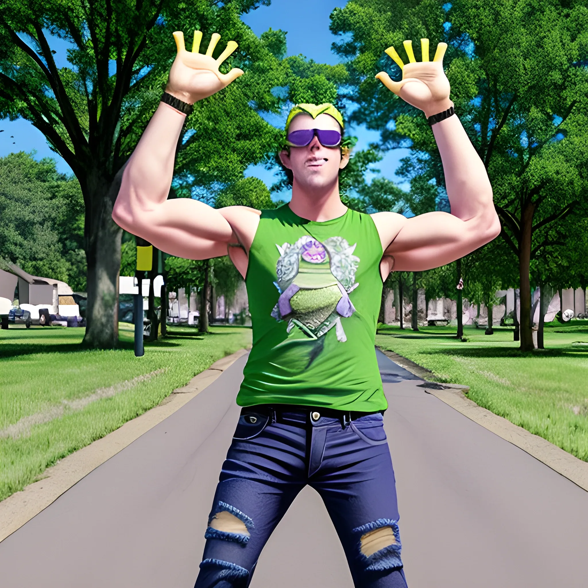 full body shot of a man with green tree frog head, wearing blocker sunglasses, torn sleeveless purple shirt, jeans pants, and boots in a t-pose that's in live action, real.