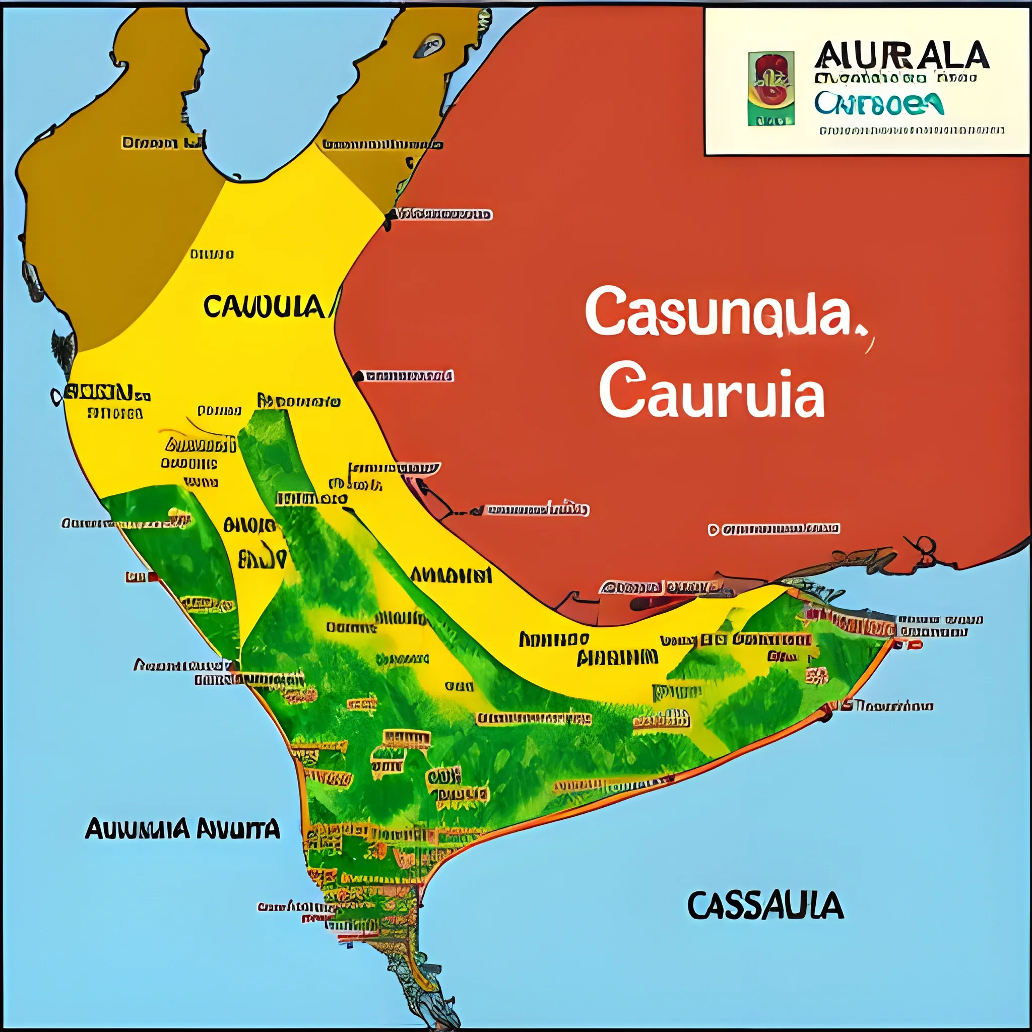 Generate an animated map where the following names can be identified: Arauca, Casanare, Vichada, Cundinamarca and Boyacá. This map must contain different locations with one of the names mentioned above.