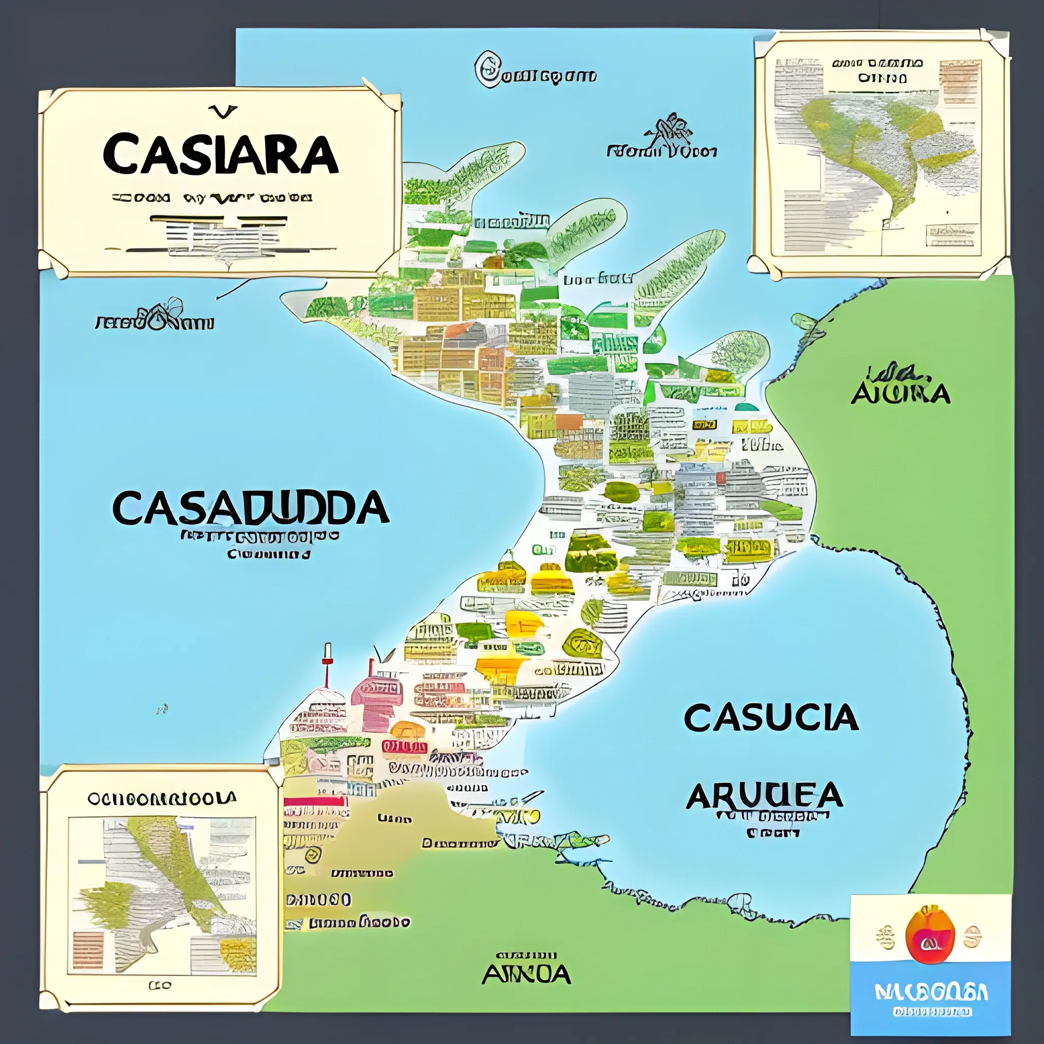 -Create a map sectioned by 5 locations and showing the names of those locations, the names are the following: Arauca, Casanare, Vichada, Cundinamarca and Boyacá.
-The map must be cartoon type and each location must connect to the other through a connection point as is done on a level map in games.