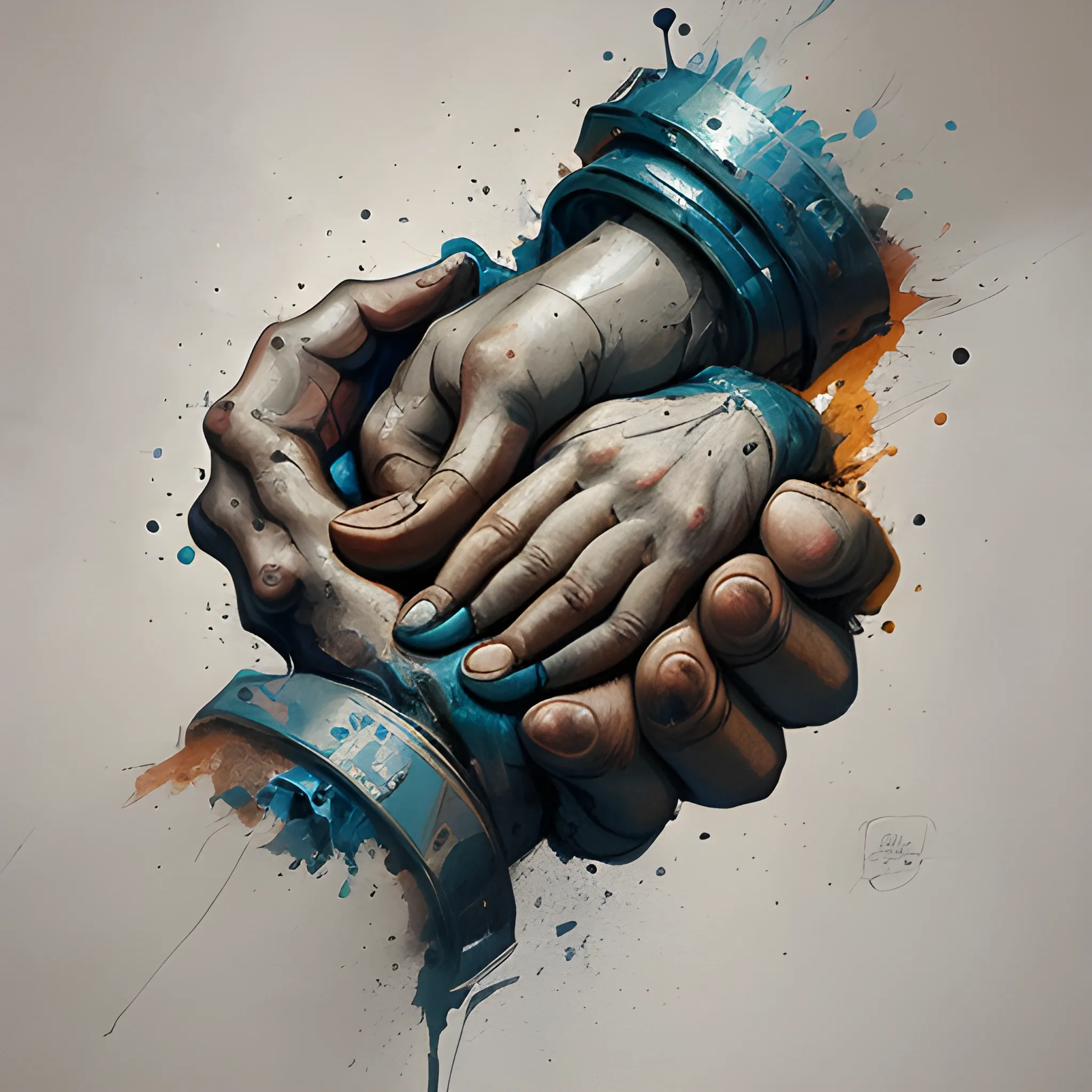 logo representing power a handshake symbolizing human solidarity, digital painting, artstation, concept art, smooth, sharp focus, illustration granular splatter dripping. muted colors. ) ) ) ) ) ) ) ) ) ) by jean - baptiste monge!!!!!!!!!!!!!!!!!!!!!!!!!!!!!! , 3D