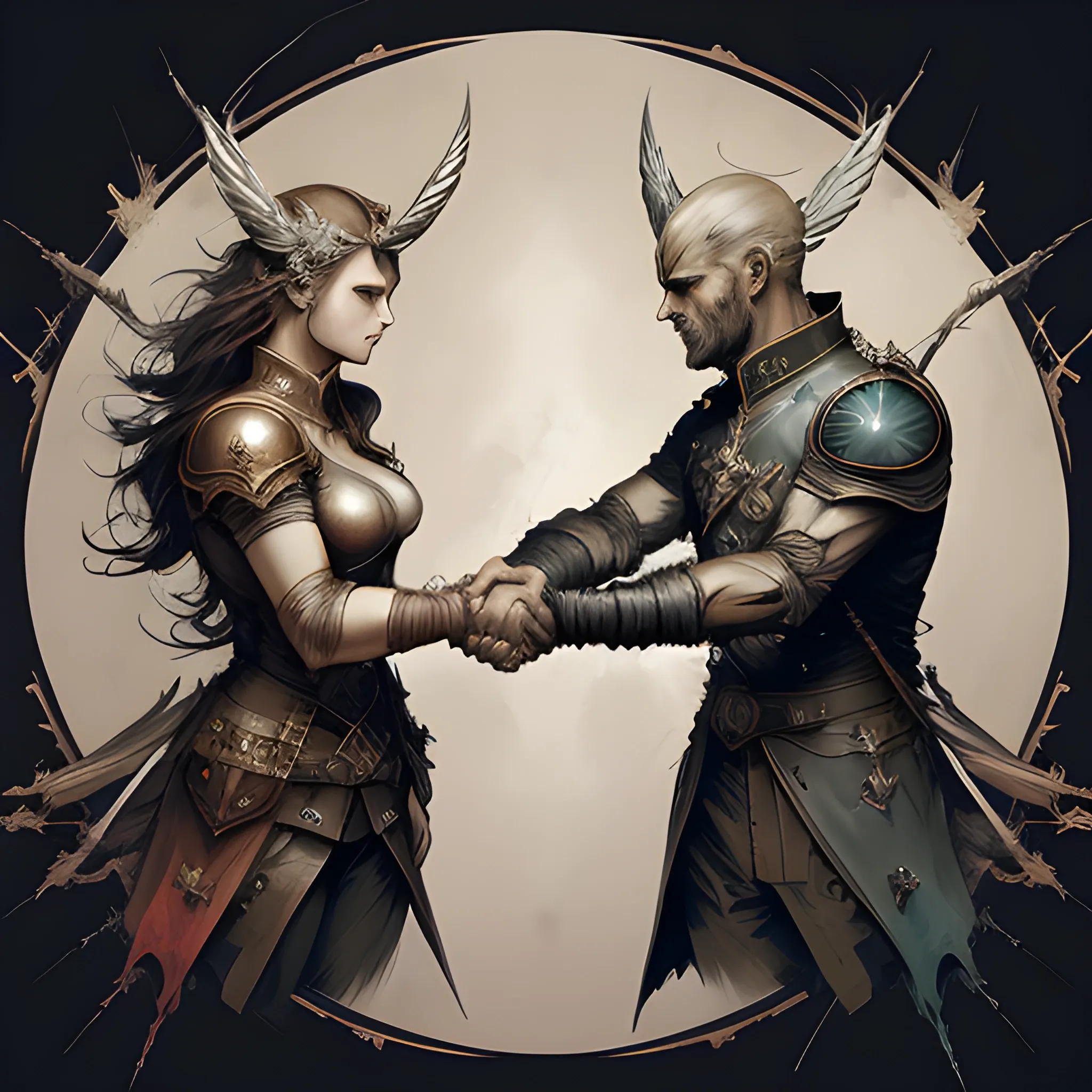 logo representing power a two handshake symbolizing human solidarity, digital painting, with a two crossed swords , unreal style, fantasy artstation, concept art, smooth, sharp focus, illustration granular splatter dripping. muted colors. by jean- baptiste monge! 