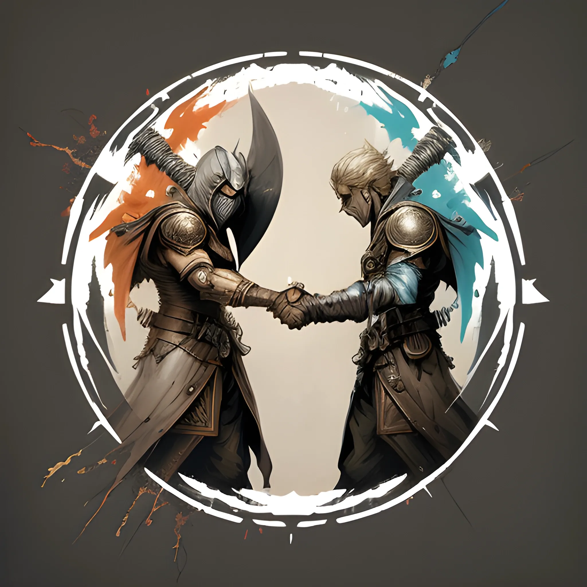 logo representing power a two handshake symbolizing human solidarity, digital painting, with a two crossed swords , unreal style, fantasy artstation, concept art, smooth, sharp focus, illustration granular splatter dripping. muted colors. by jean- baptiste monge! 