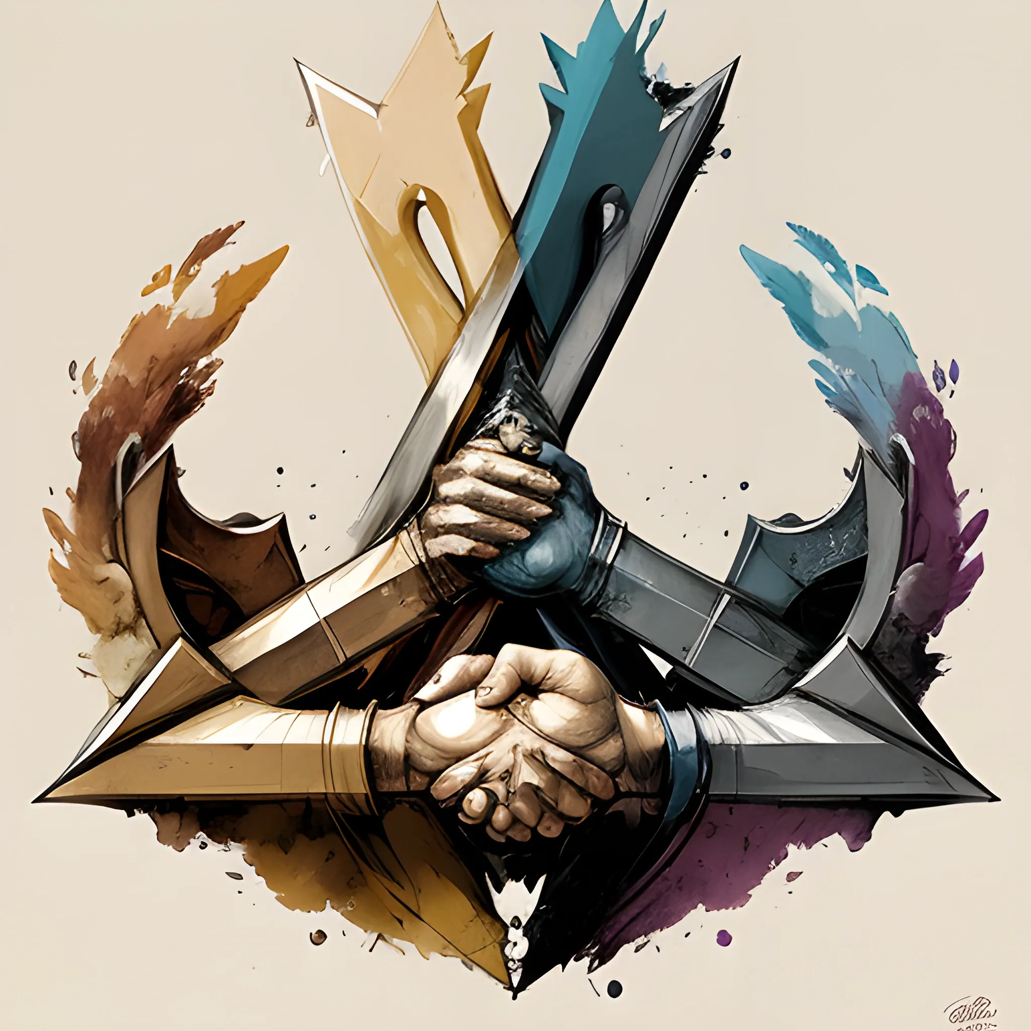 logo representing power a two handshake symbolizing human solidarity, digital painting, with a two crossed swords , concept art, smooth, sharp focus, illustration granular splatter dripping. muted colors. by jean- baptiste monge! 