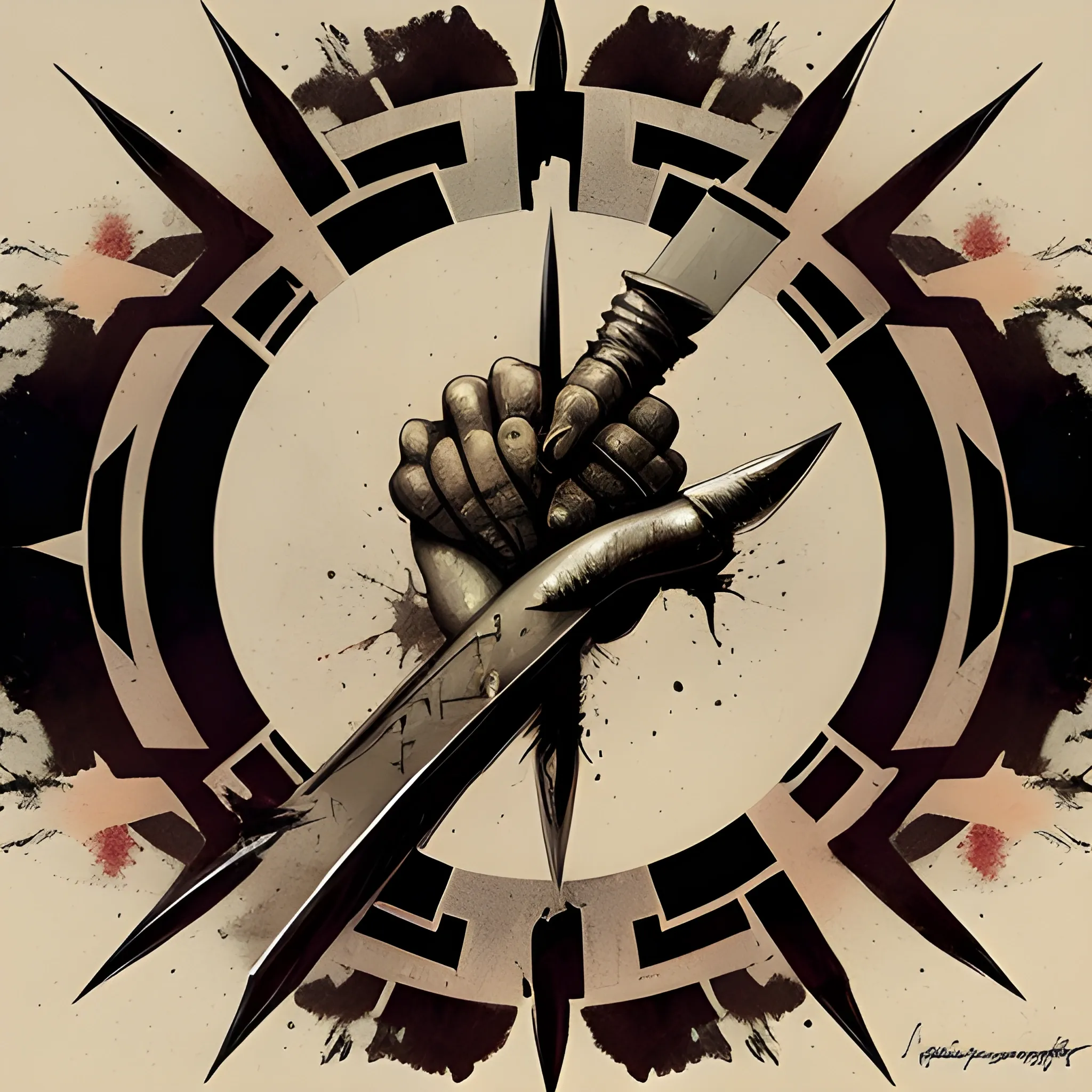 logo representing power a handshake symbolizing human solidarity, digital painting, with a two crossed swords , concept art, smooth, sharp focus, illustration granular splatter dripping. muted colors. by jean- baptiste monge! 