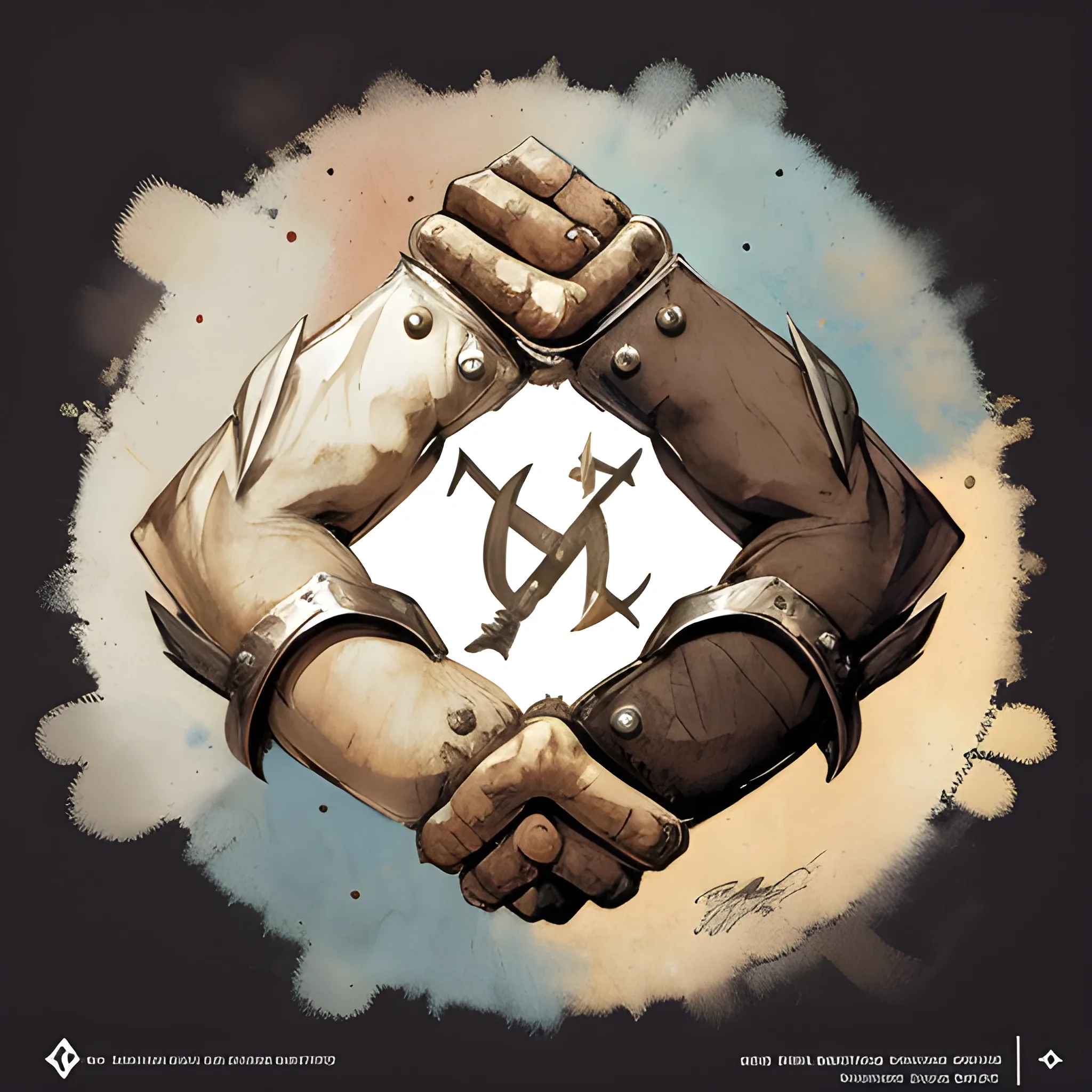 logo representing a handshake symbolizing human solidarity, digital painting, with a two crossed swords , concept art, smooth, sharp focus, illustration granular splatter dripping. muted colors. by jean- baptiste monge! 