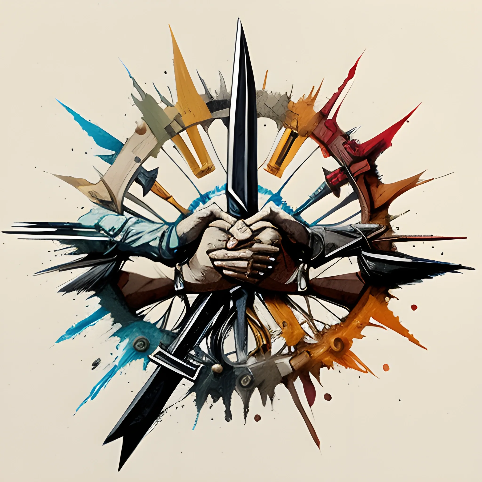 logo representing a handshake symbolizing human solidarity, with a two crossed swords , concept art, smooth, sharp focus, illustration granular splatter dripping. muted colors. by jean- baptiste monge! 