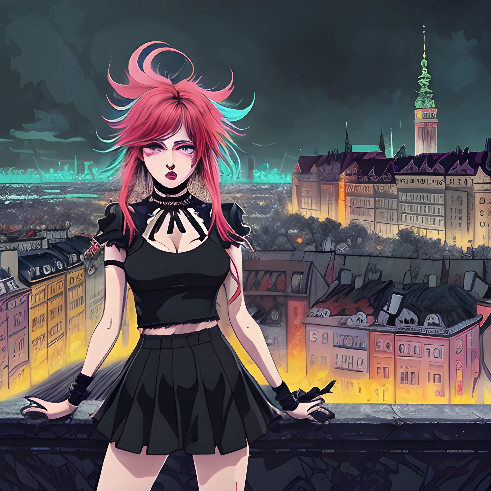 An image of messy hair slavic woman wearing choker in a manga art, anime style character  red and sillver colors,  true aesthetics, casual fashion shot of a beautiful modern woman posing in front of a psychedelic art nouveau style. classy style polish female, full figure, fit, ellegant tight black costume, miniskirt,  legs,  choker, cross, long hair, classy,  beautiful face, manga eyes, open mouth,  Warsaw city in the background, stormy night, art by Greg Rutkowski, acrylic, high contrast, colorful polychromatic, ultra detailed, ultra quality, CGSocietyHighly detailed, highest quality, 3D, , Trippy, Cartoon