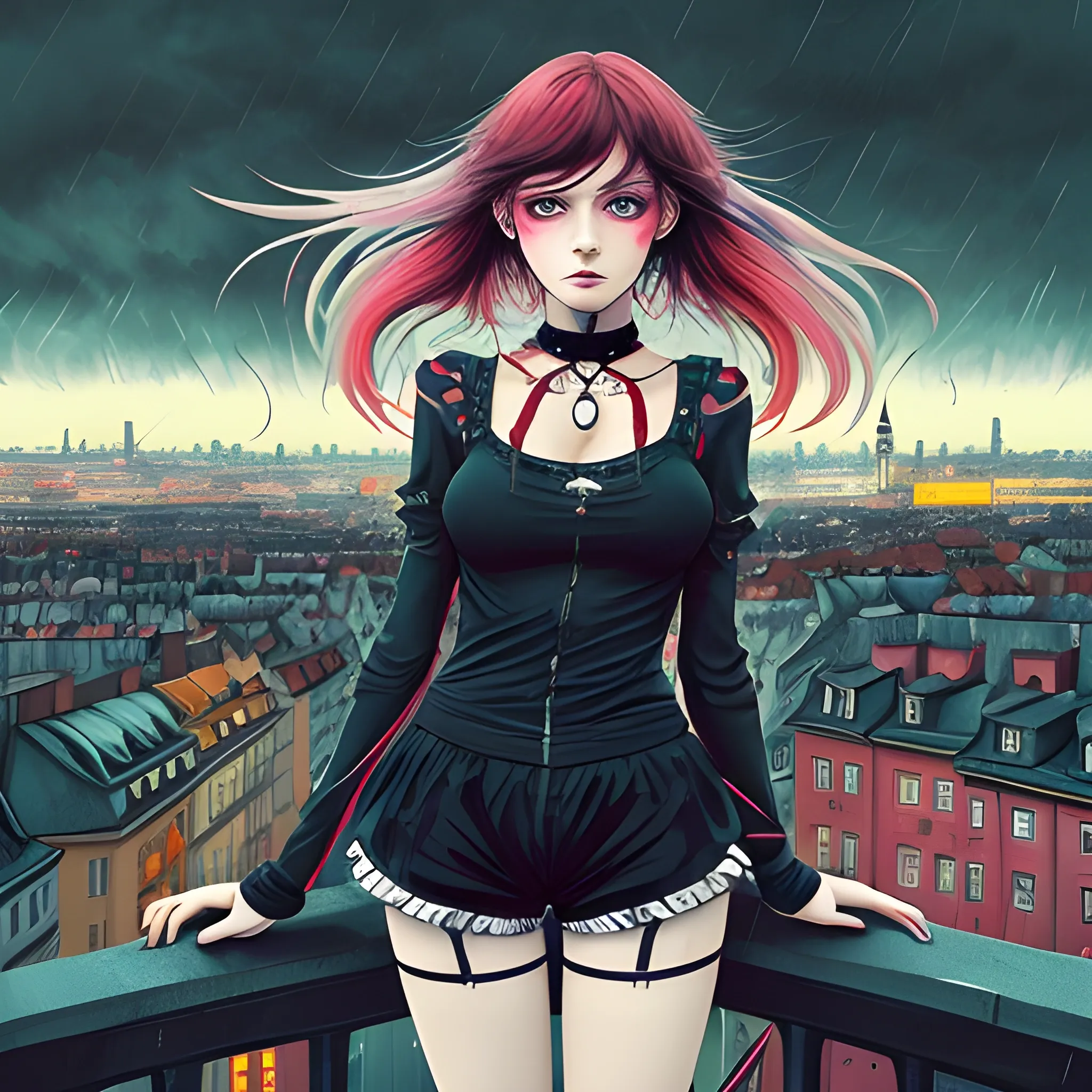 An image of messy hair slavic woman wearing choker in a manga art, anime style character  red and sillver colors,  true aesthetics, casual fashion shot of a beautiful modern woman posing in front of a psychedelic art nouveau style. classy style polish female, full figure, fit, ellegant tight black costume, lycra shorts,  legs,  choker, cross, long hair, classy,  beautiful face, manga eyes, open mouth,  Warsaw city in the background, stormy night, art by Greg Rutkowski, acrylic, high contrast, colorful polychromatic, ultra detailed, ultra quality, CGSocietyHighly detailed, highest quality, 3D, , Trippy,  