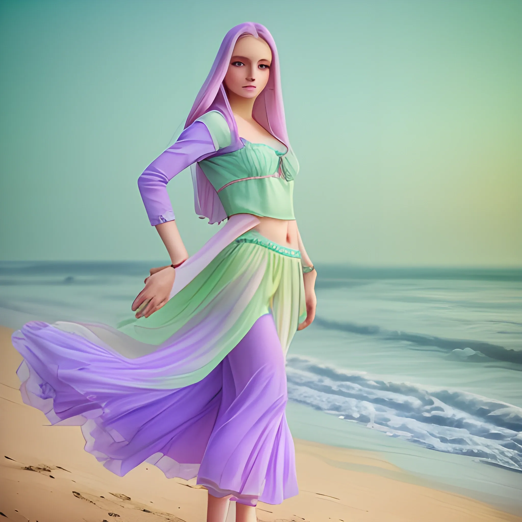 A beautiful Ukrainian beauty on the beach in pastel colors of green and purple mist, full body shot, professional photography