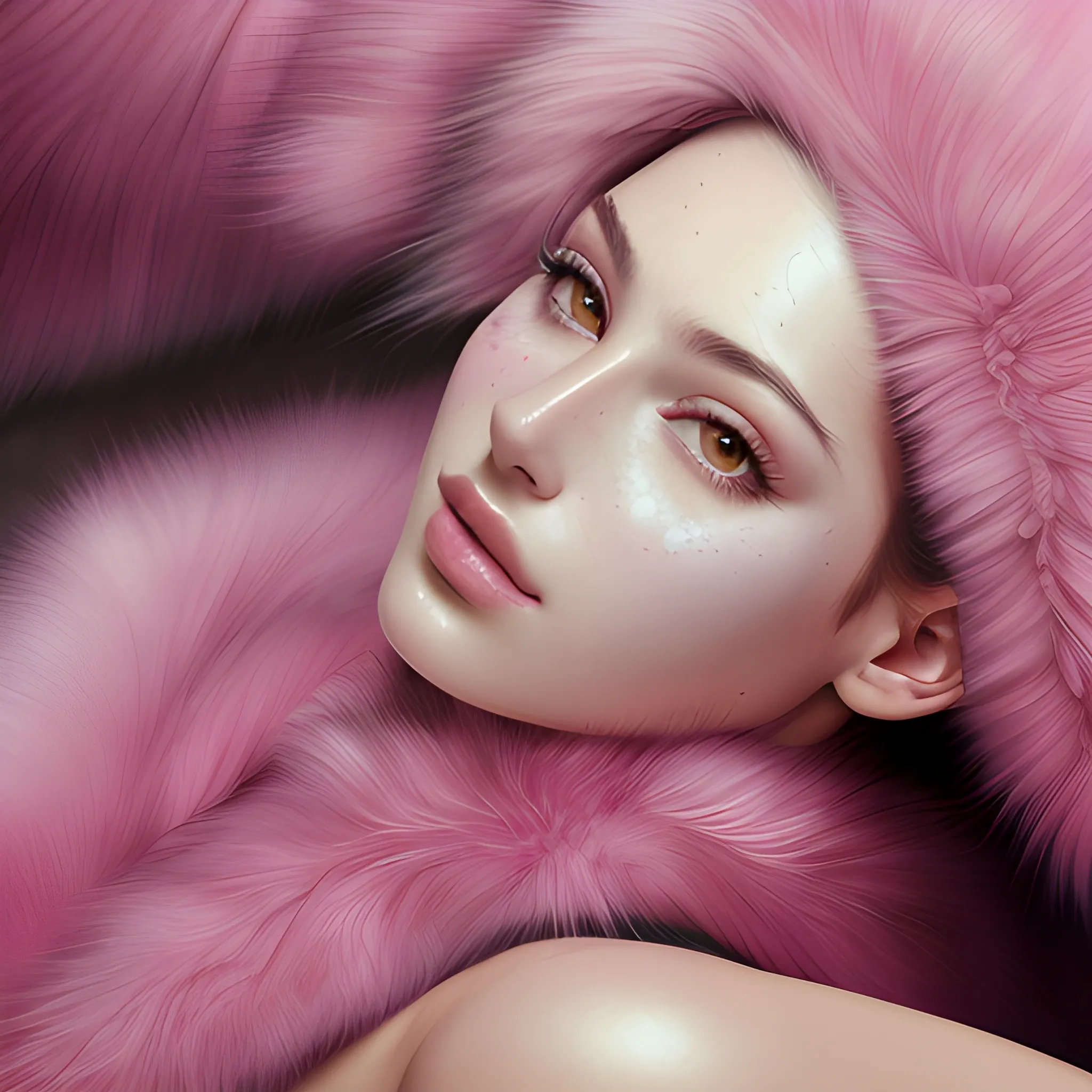 best quality, masterpiece, ultra high res, photorealistic, detailed skin, pink fur coat, lounging  woman
