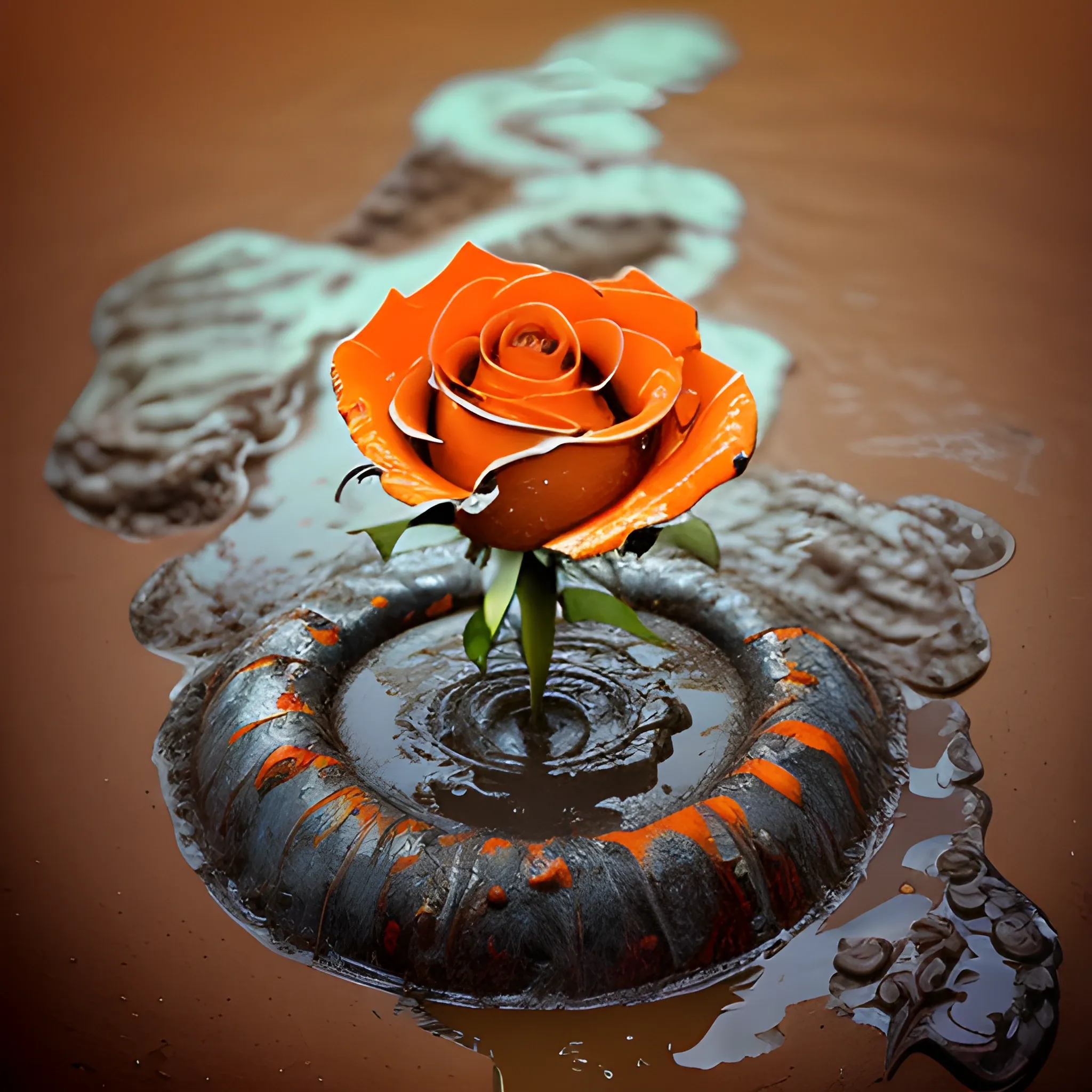 Orange Rose growing through the mud, emerging from a rainy day, bold typography, earth-to-ethereal palette, texture overlays, spiritual iconography, gritty realism, ethereal abstraction, thought-provoking, high-impact, digital art, symbolic depth, subtle gradients, dynamic contrasts, really Trippy