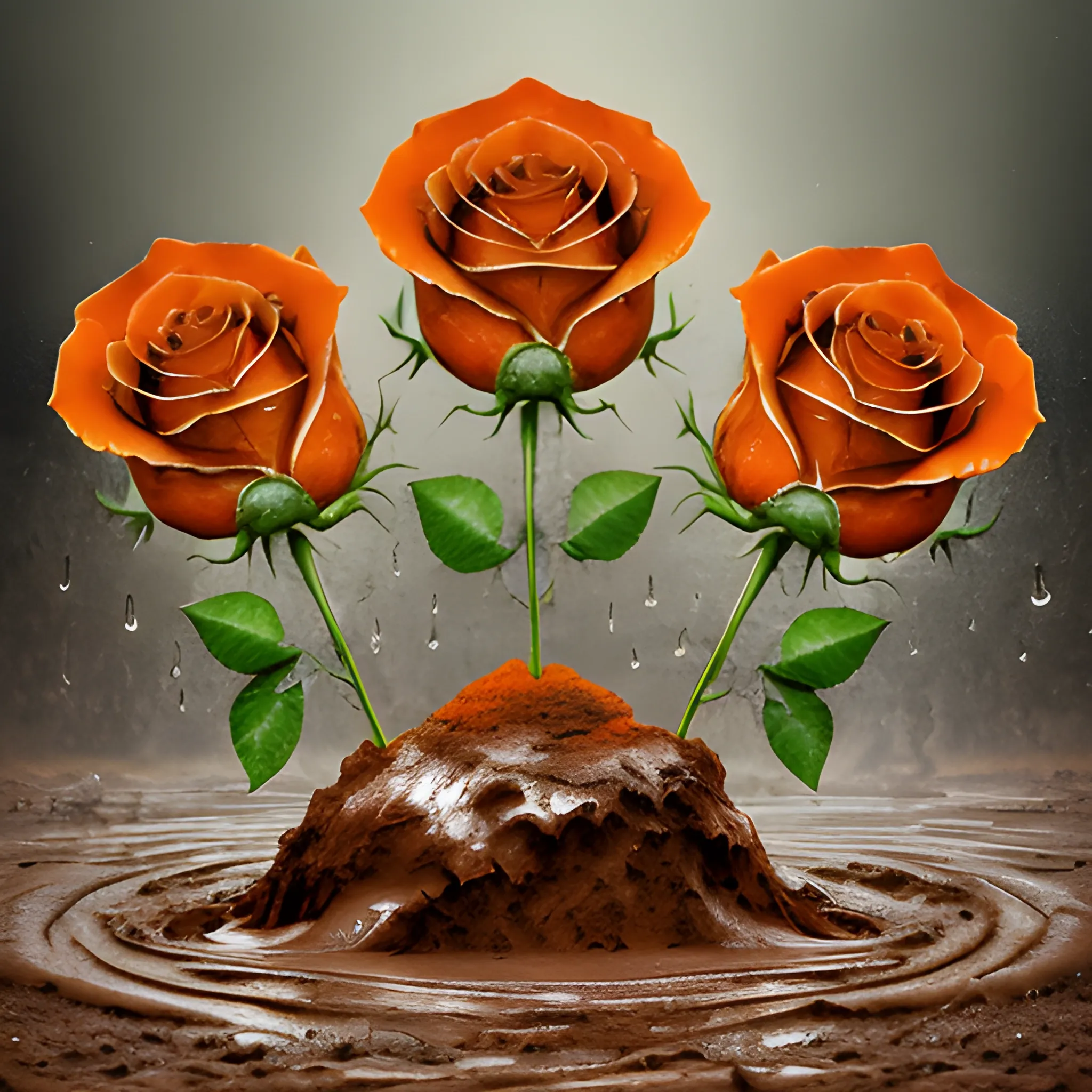 3 Orange Roses, growing through the mud, emerging from a rainy day, bold typography, earth-to-ethereal palette, texture overlays, spiritual iconography, gritty realism, ethereal abstraction, thought-provoking, high-impact, digital art, symbolic depth, subtle gradients, dynamic contrasts, LSD Trippy, Oil Painting