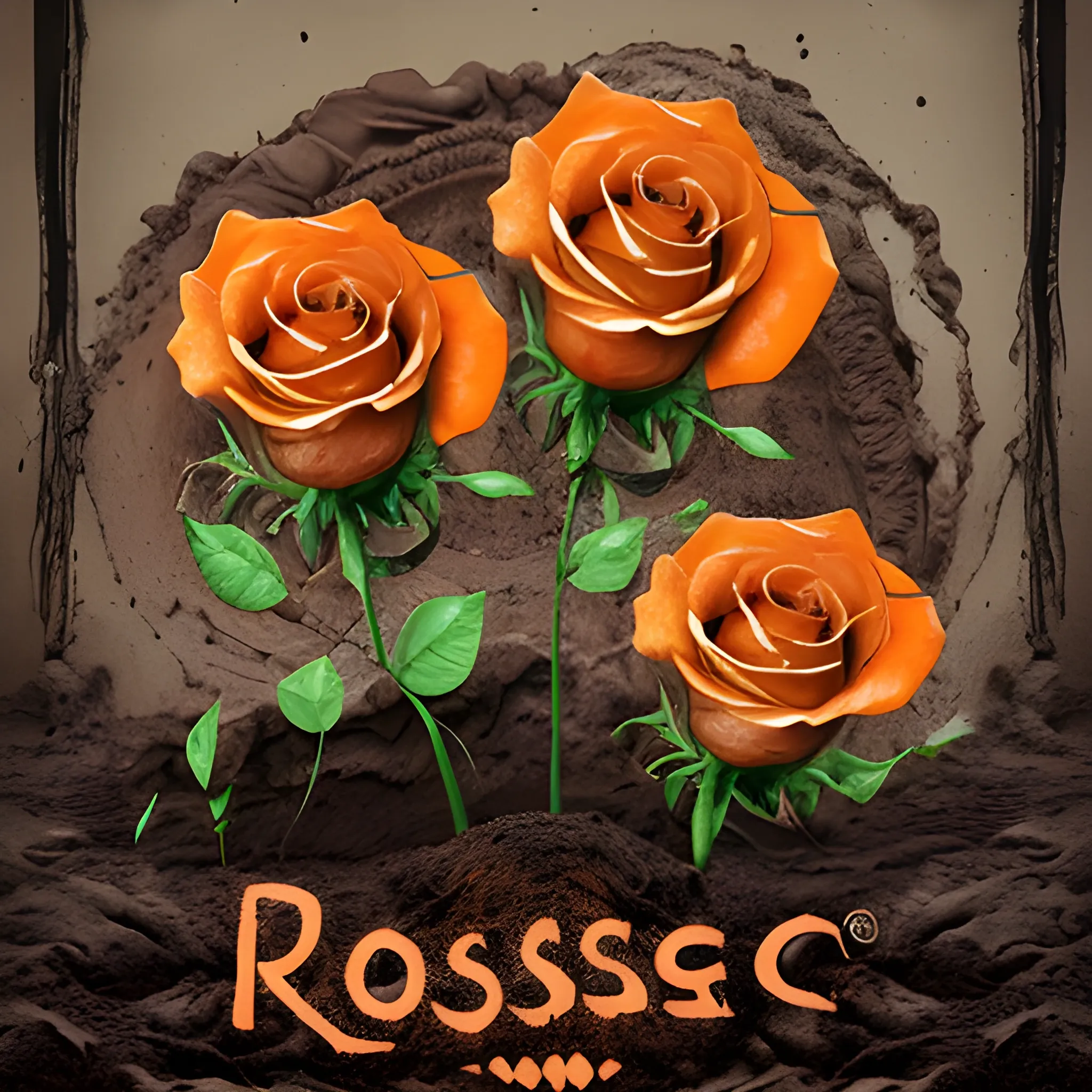 3 Orange Roses, growing through the mud, emerging from a rainy day, bold typography, earth-to-ethereal palette, texture overlays, spiritual iconography, gritty realism, ethereal abstraction, thought-provoking, high-impact, symbolic depth, subtle gradients, dynamic contrasts, LSD Trippy, Cartoon