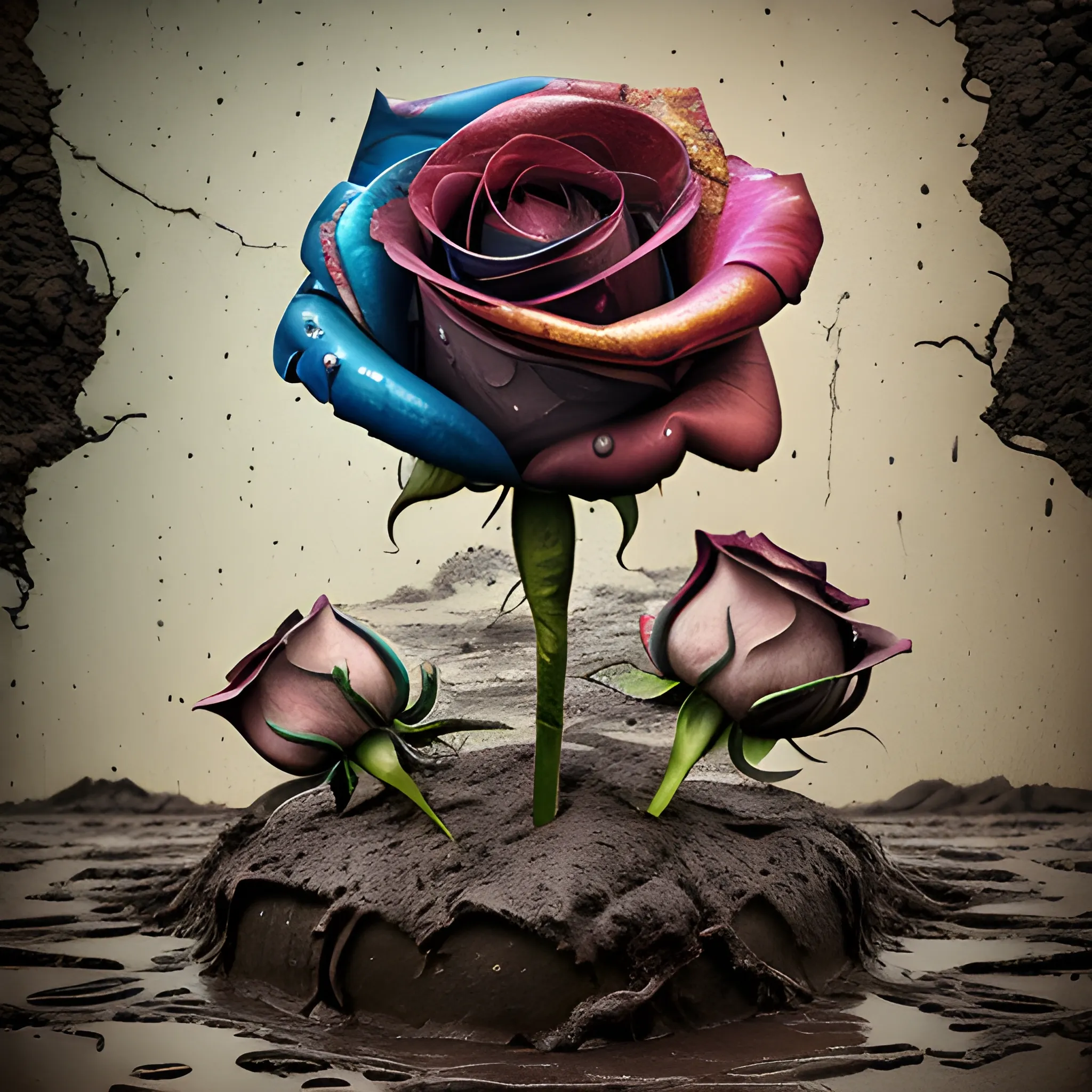 No words, 3 multi-color roses, growing through the mud, emerging from a rainy day, bold typography, earth-to-ethereal palette, texture overlays, spiritual iconography, gritty realism, ethereal abstraction, thought-provoking, high-impact, symbolic depth, subtle gradients, dynamic contrasts, very Trippy, Pencil Sketch