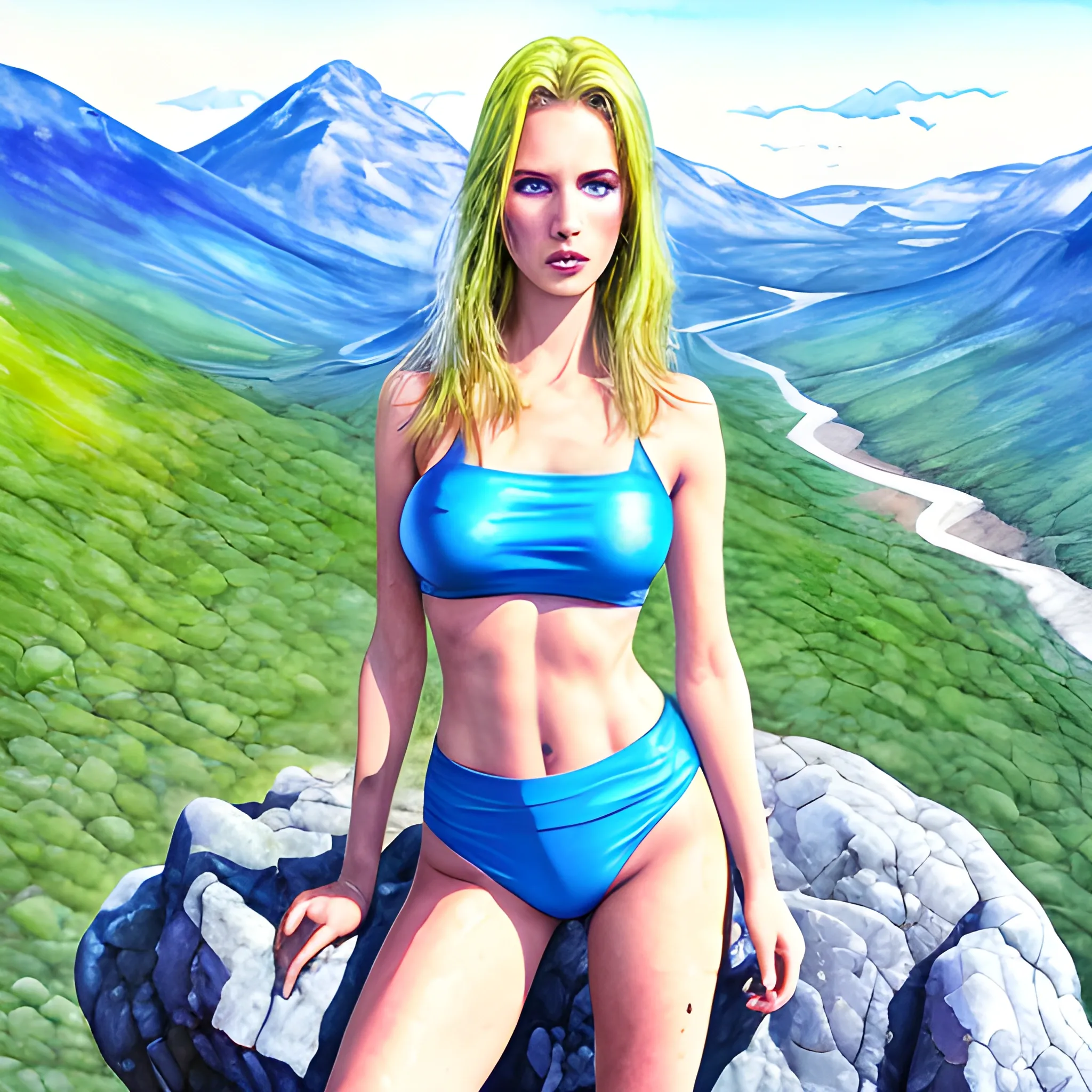Female model, wearing tight bikini style on a mountain on the pl 